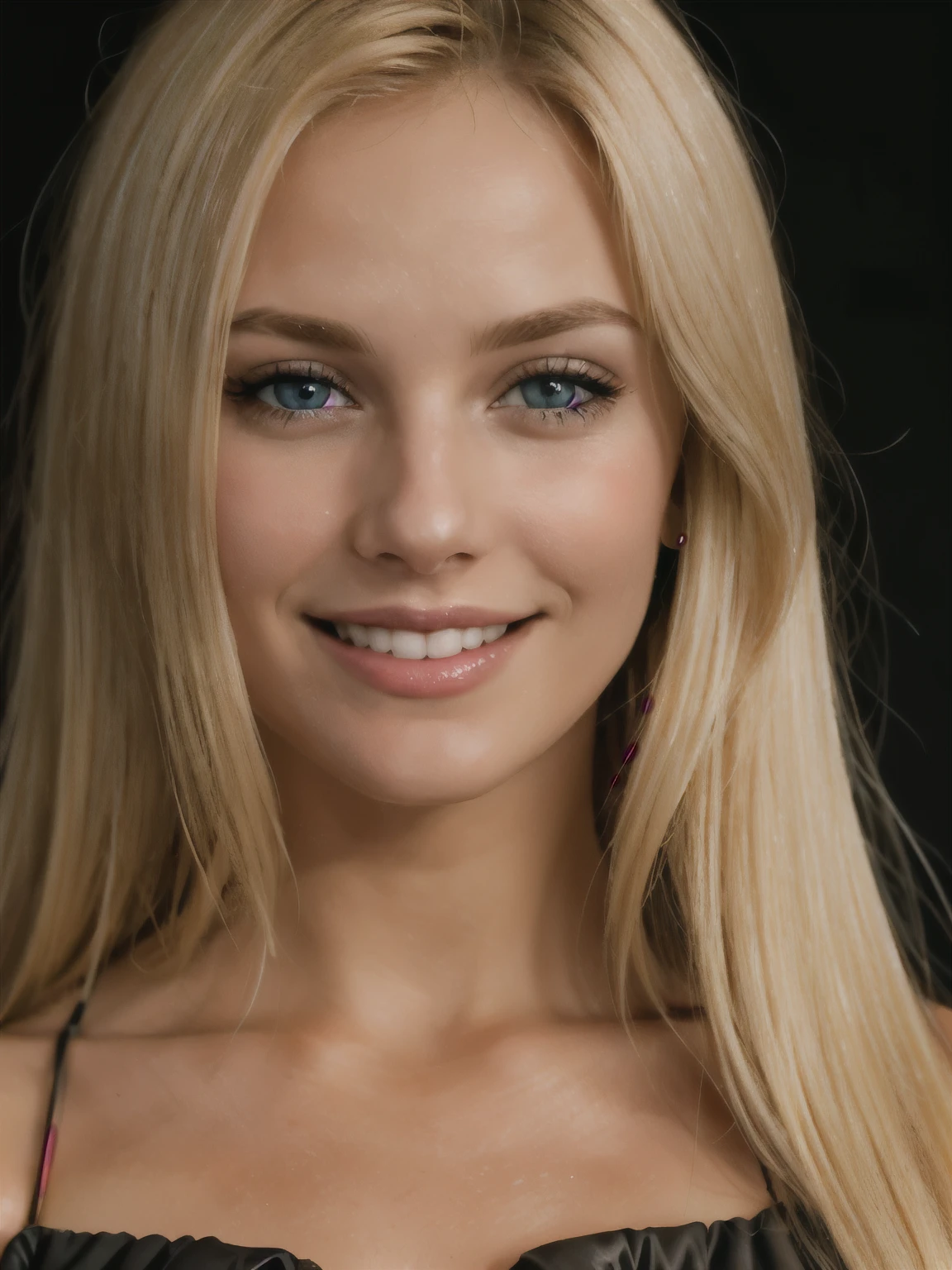 Close-up photo of a blonde with perfect eyes, dark upper body, smile, dark background