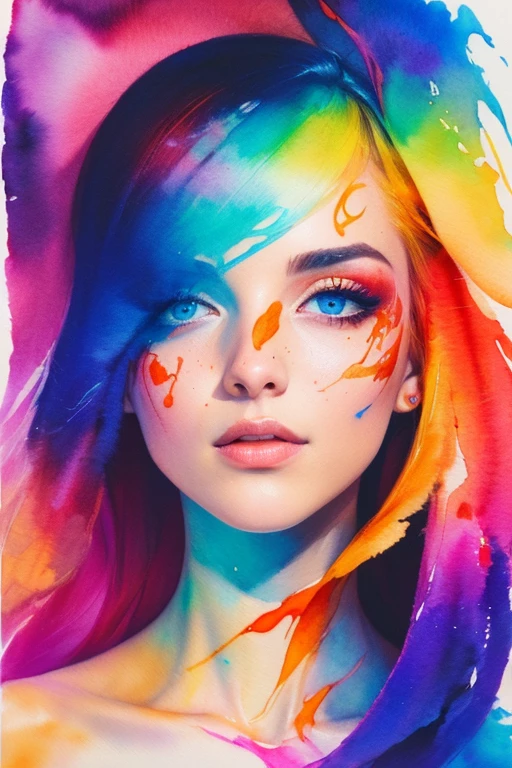 (8k, best quality, masterpiece:1.2),(best quality:1.0), (ultra highres:1.0), watercolor, a beautiful woman, shoulder, hair ribbons, by agnes cecile, half body portrait, extremely luminous bright design, pastel colors, (ink:1.3), autumn lights