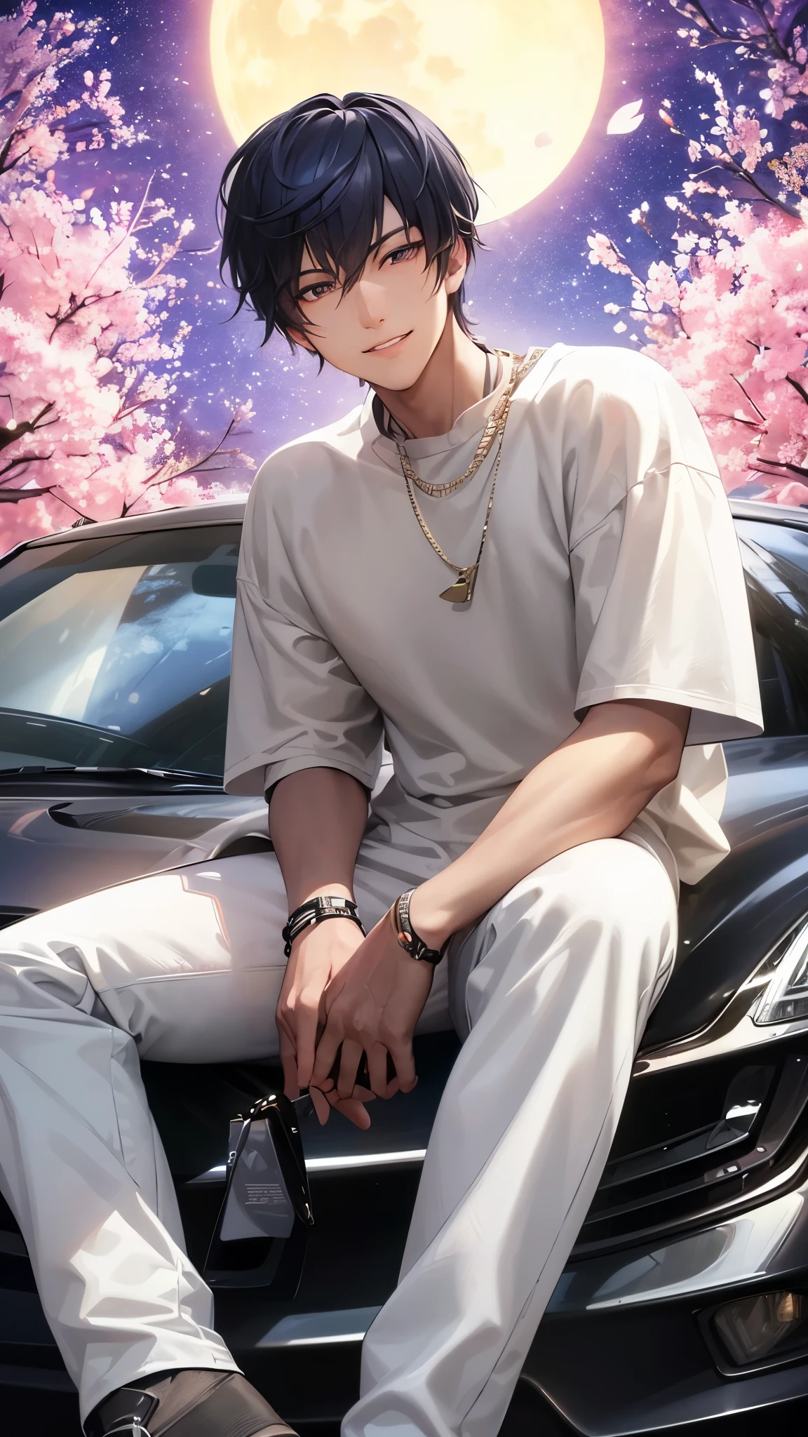 a handsome guy、serious expression、please close your mouth、Cherry blossoms at night、moon、sit in the car、cool look、Highly Detailed CG Unity 8K Wallpaper, (super masterpiece, beautiful person, well detailed face polluted smile, It&#39;s photorealistic, hyper realistic)cool and cool face