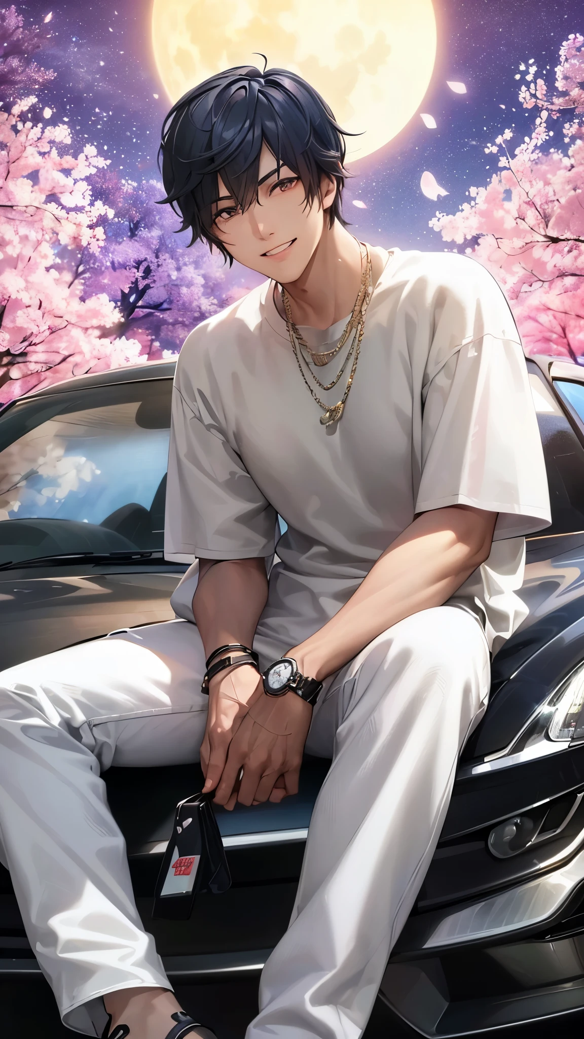 a handsome guy、serious expression、please close your mouth、Cherry blossoms at night、moon、sit in the car、cool look、Highly Detailed CG Unity 8K Wallpaper, (super masterpiece, beautiful person, well detailed face polluted smile, It&#39;s photorealistic, hyper realistic)cool and cool face