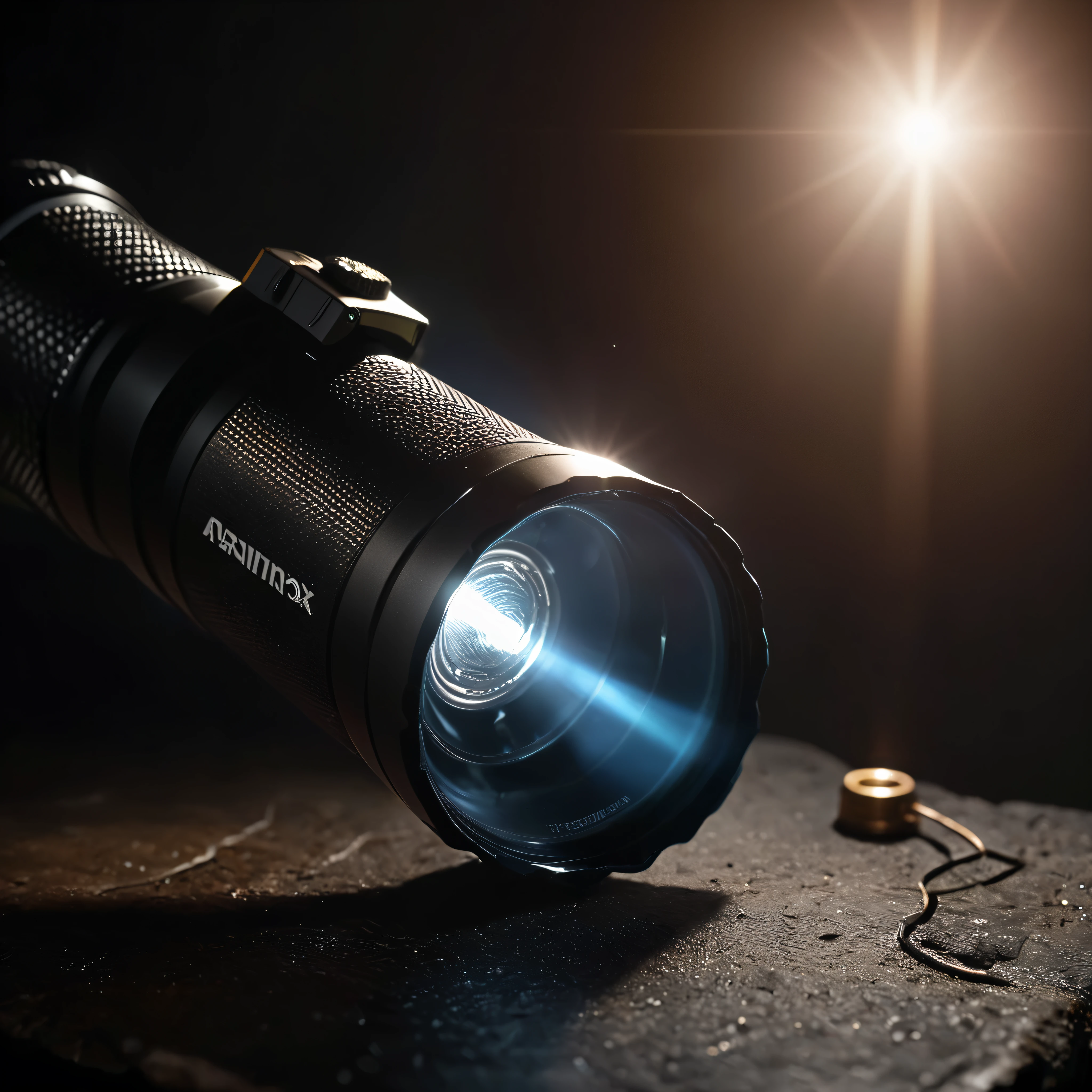 ((Masterpiece in maximum 16K resolution):1.6),((soft_color_photograpy:)1.5), ((Ultra-Detailed):1.4),((Movie-like still images and dynamic angles):1.3). | (Macro shot cinematic photo of a LED flashlight in a very dark room), (minimalism photography art), (black background), (macro lens), (illuminate), (luminous object), (shining LED flashlight), (high tech flashlight), (shimmer), (visual experience),(Realism), (Realistic),award-winning graphics, dark shot, film grain, extremely detailed, Digital Art, rtx, Unreal Engine, scene concept anti glare effect, All captured with sharp focus. | Rendered in ultra-high definition with UHD and retina quality, this masterpiece ensures anatomical correctness and textured skin with super detail. With a focus on high quality and accuracy, this award-winning portrayal captures every nuance in stunning 16k resolution, immersing viewers in its lifelike depiction. | ((perfect_composition, perfect_design, perfect_layout, perfect_detail, ultra_detailed)), ((enhance_all, fix_everything)), More Detail, Enhance.