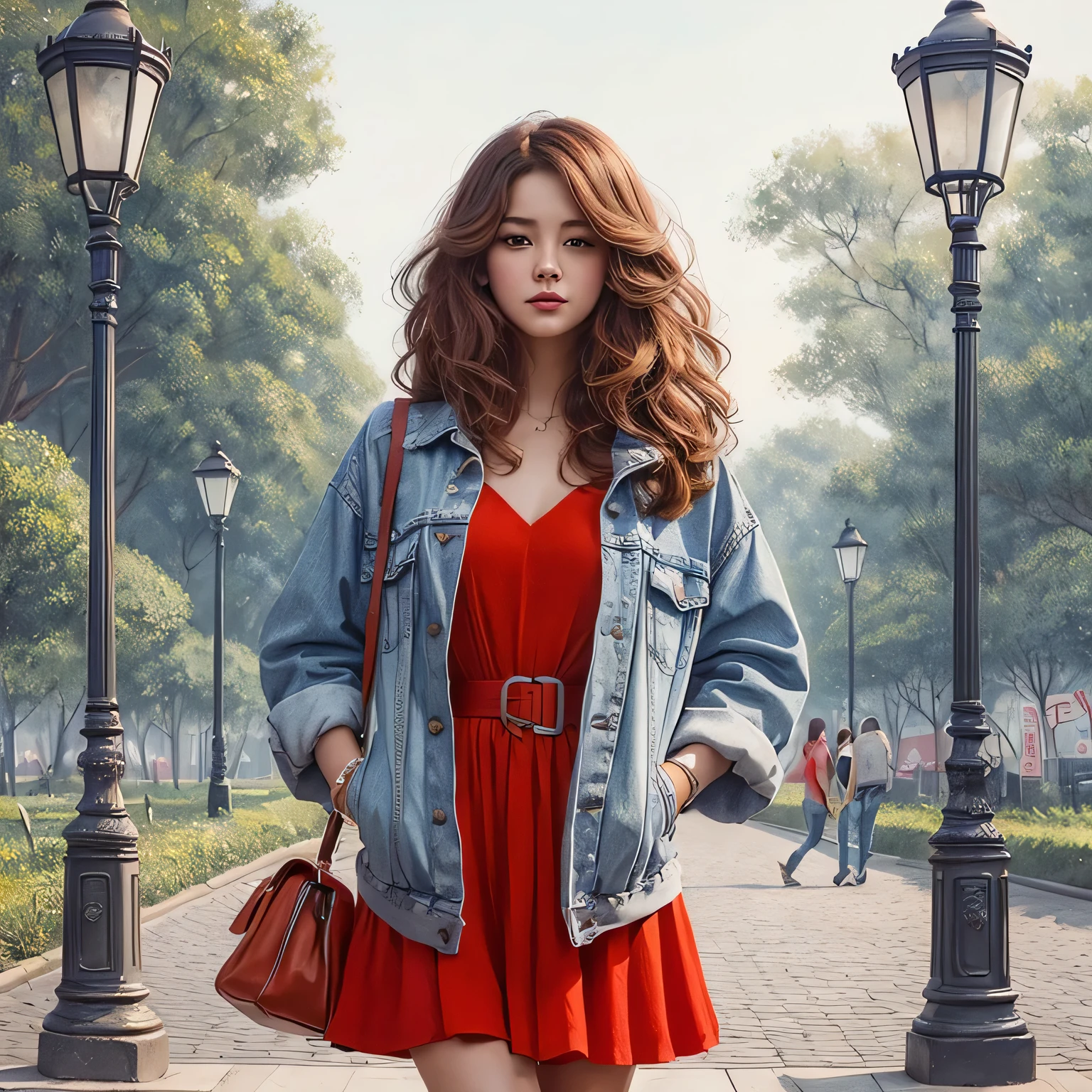 painting of a woman in a red dress and denim jacket walking down a sidewalk, realistic cute girl painting, realistic art style, realism artstyle, trending on artstration, inspired by Rudy Siswanto, realistic painting, realistic painting style, realistic artstyle, urban girl fanart, photorealistic art style, realistic art, by Ni Yuanlu, full body realistic portrait