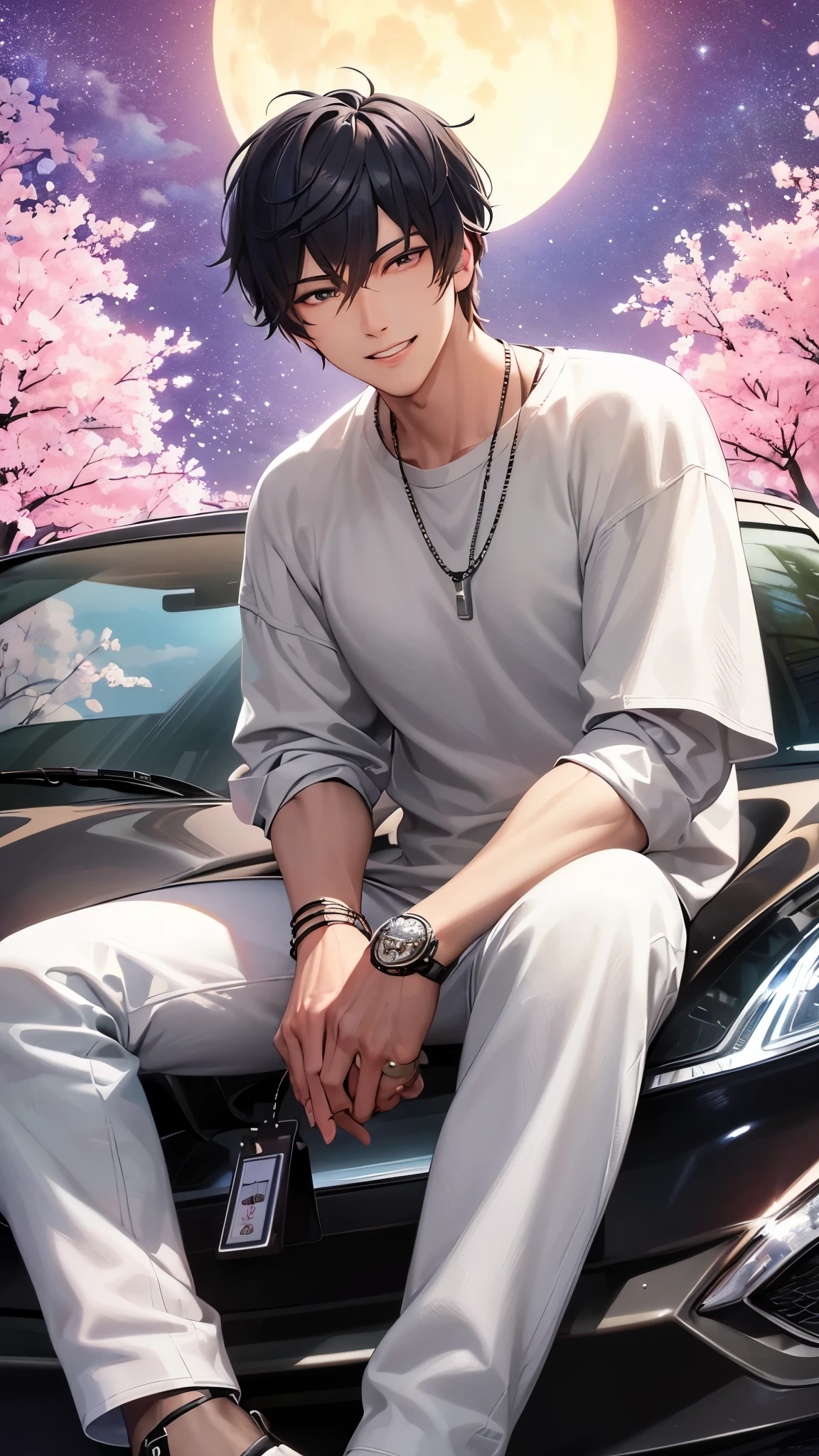 a handsome guy、serious expression、please close your mouth、Cherry blossoms at night、moon、sit in the car、cool look、Highly Detailed CG Unity 8K Wallpaper, (super masterpiece, beautiful person, well detailed face polluted smile, It's photorealistic, hyper realistic)cool and cool face