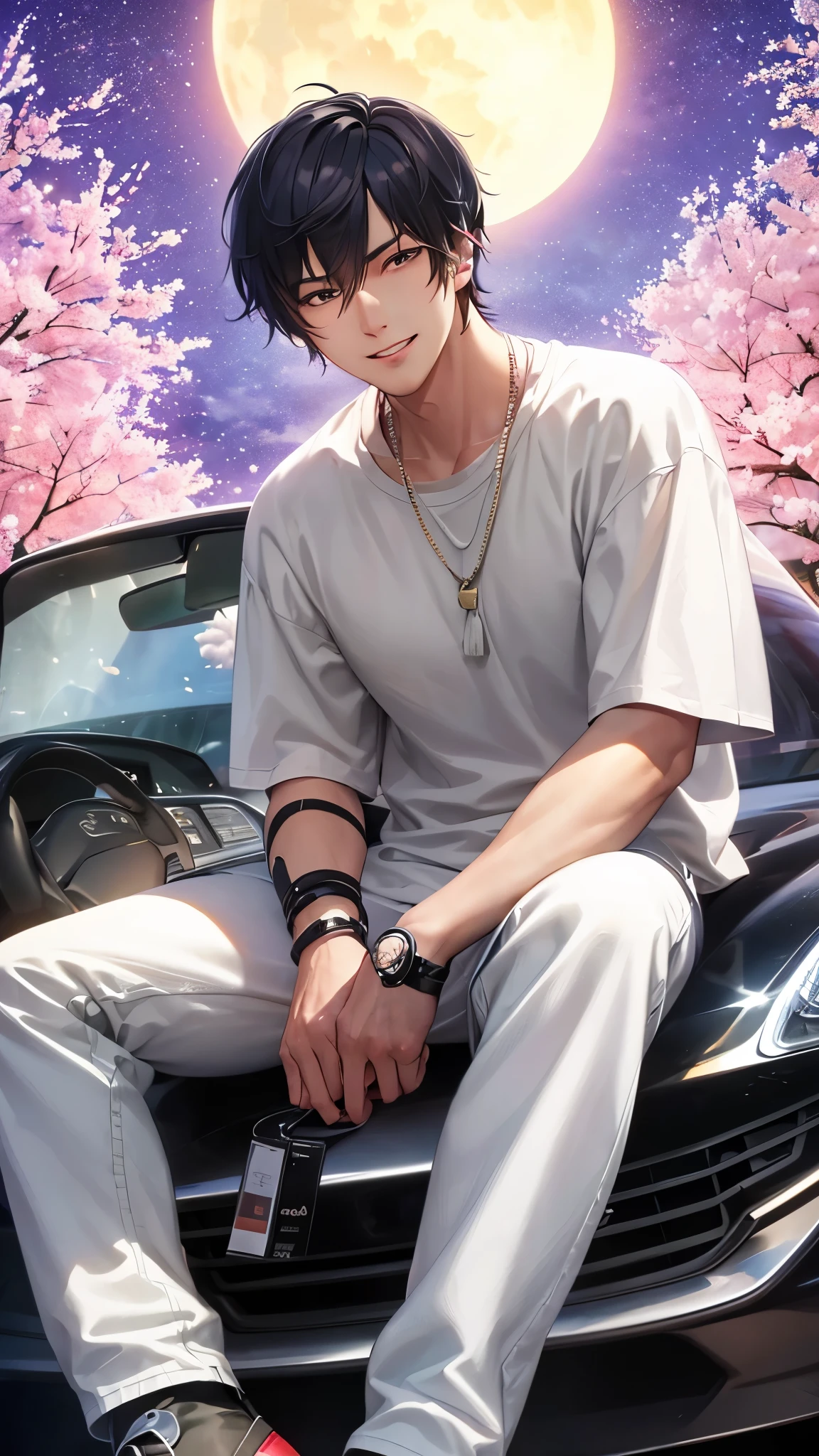 a handsome guy、serious expression、please close your mouth、Cherry blossoms at night、moon、sit in the car、cool look、Highly Detailed CG Unity 8K Wallpaper, (super masterpiece, beautiful person, well detailed face polluted smile, It's photorealistic, hyper realistic)cool and cool face