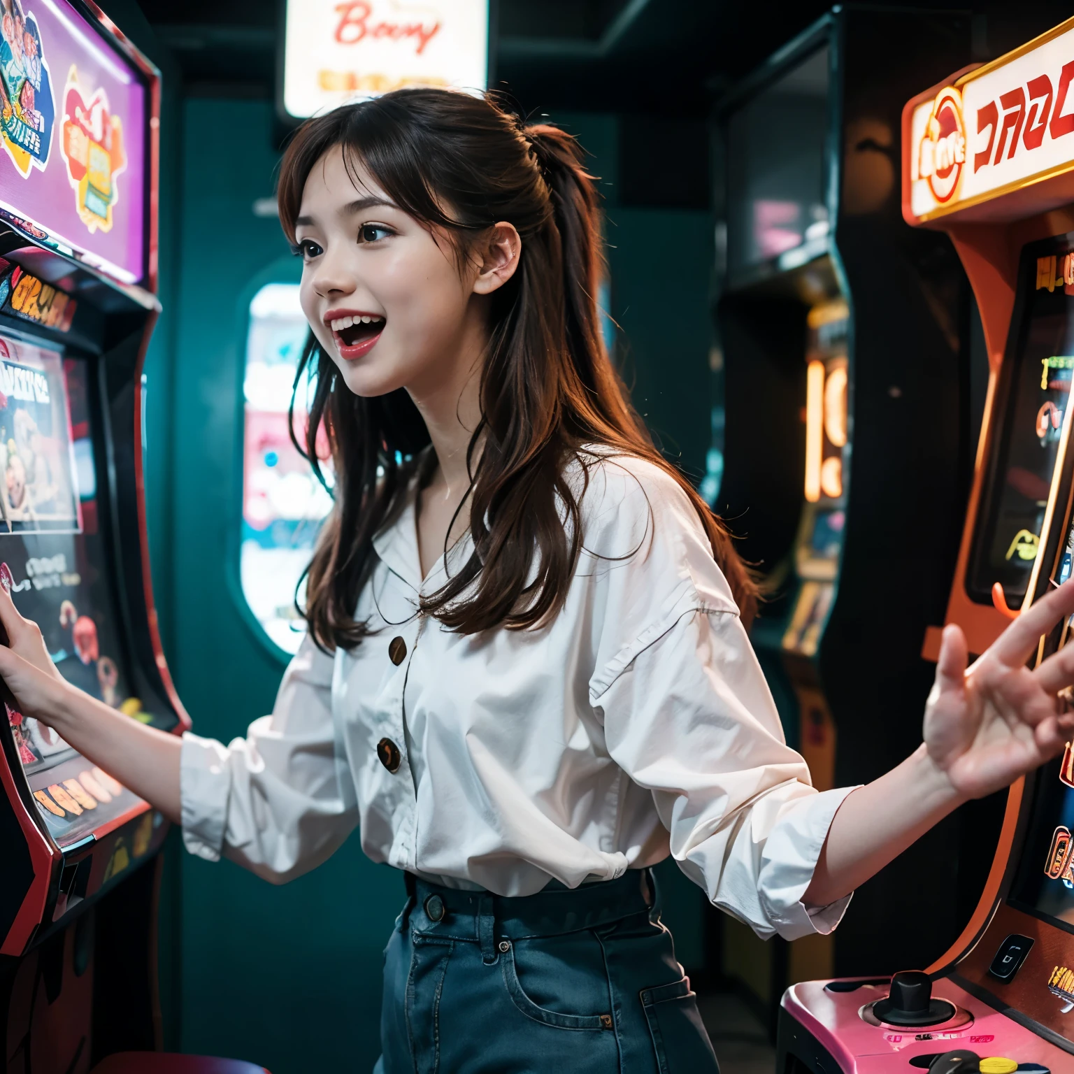 girl walking in arcade, (highest quality, High resolution, realistic), Bright colors, neon light, retro atmosphere, Arcade Machines, flashing light, lively atmosphere, happy expression, arcade game sounds, crowded space, colorful doodle, arcade token, arcade prizes, retro arcade cabinet, joystick, arcade button, nostalgic atmosphere, Retro costumes, glass storefront, light reflection, upbeat music, friendly competition, like々new energy, skillful game, Laughter and excitement.