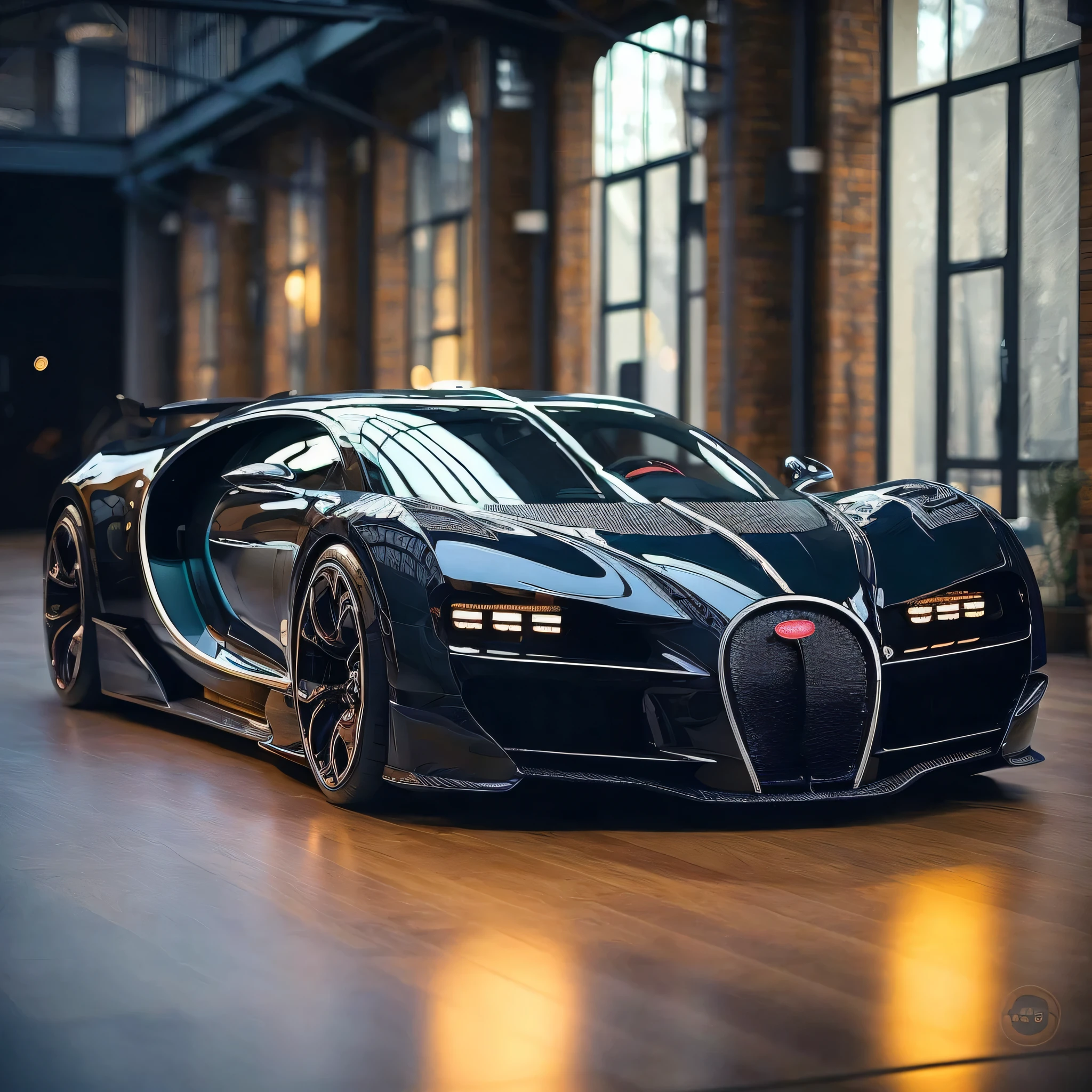 a close up of a black bugatti car in a large room, chiron, bugatti, bugatti veyron, supercar, black car, hyper luxurious, luxurious, sportcar, sports car, sports car in the room, luxury lifestyle, aerodynamic imposing, super car, with sleek lines and a powerful, sport car, concept, extremely symmetrical, hyper real render