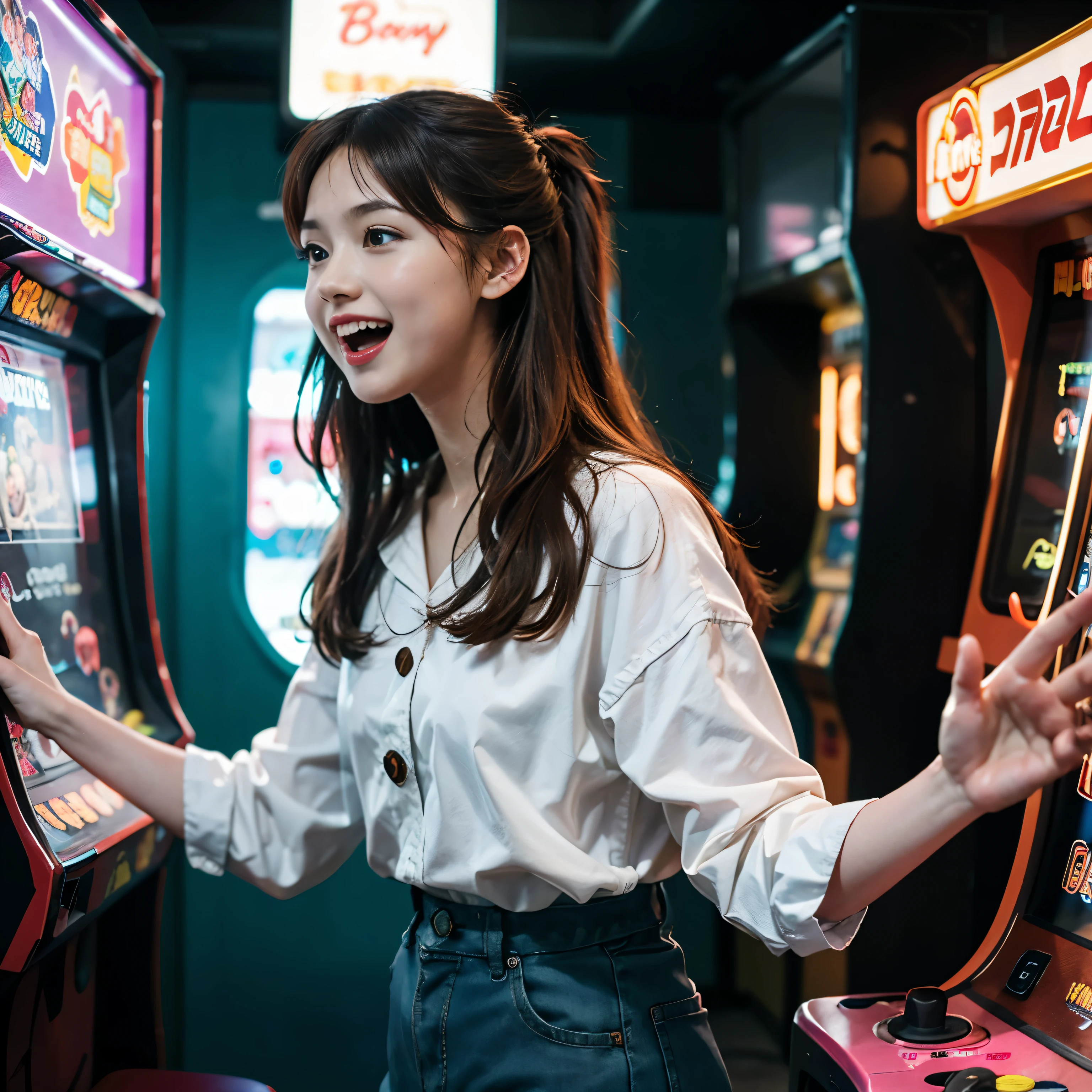 girl walking in arcade, (highest quality, High resolution, realistic), Bright colors, neon light, retro atmosphere, Arcade Machines, flashing light, lively atmosphere, happy expression, arcade game sounds, crowded space, colorful doodle, arcade token, arcade prizes, retro arcade cabinet, joystick, arcade button, nostalgic atmosphere, Retro costumes, glass storefront, light reflection, upbeat music, friendly competition, like々new energy, skillful game, Laughter and excitement.