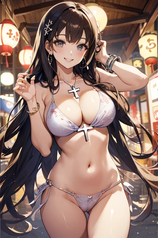 (NSFW)、Photorealistic perfect body、Ultra-high image quality、Ultra-high realistic image quality,(with sparkling eyes and a contagious smile),(her thin pubic hair:1.4),(Japan Gal:1.3)、(age face:0.8)、(cute bikini)、(twin)、(medium-breasted:1.2)、(cleavage of the breast:1.3)、(Gravure Pose:1.4)、(Cowboy Shot、Thigh up:1.2)、Waist slender、(bangss)、(brown hair color:1.1)、(voluminous curly hair:0.3)、(long hair:1.2)、(Chain Belt)、(good lighting)、(blurry backround)、A smile、Gal Style Makeup、Gal style earrings、Gal style bracelet、(Gal style long necklace、Cross Ornament:1.3)、shopping street,happy smile, smiling,((Very happy smile))、Show shoulders、Complex patterns and transparent materials、Artistic depiction of seductive women, Emphasizes her charming silhouette,