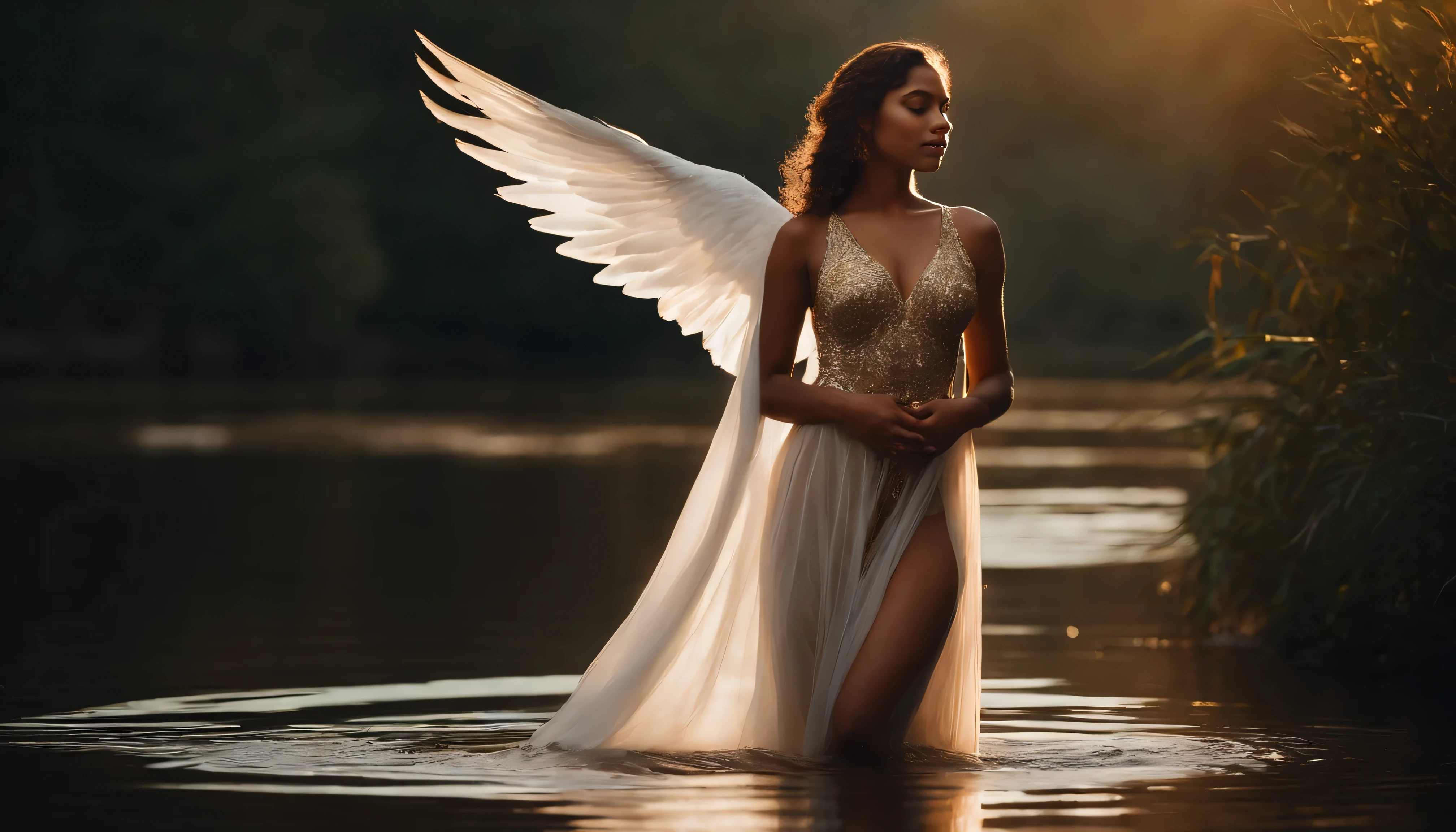 A beautiful brown-skinned girl stands calmly in the middle of the river, facing the viewer, the curves of her body are emphasized by the gentle caress of the water. Having Angel wings on her shoulders, decorated with colorful feathers, spread gracefully over her shoulders, their ethereal light illuminating the surrounding area. Her short, curly hair flowed down her back, catching the soft moonlight and sparkling like spun strands of gold. Her breasts, full and beautifully shaped, were partially covered by the transparent dress that clung to her body, showing off her perfect figure. The moonlight danced across her skin, highlighting every curve and contour, her skin radiating naturalness