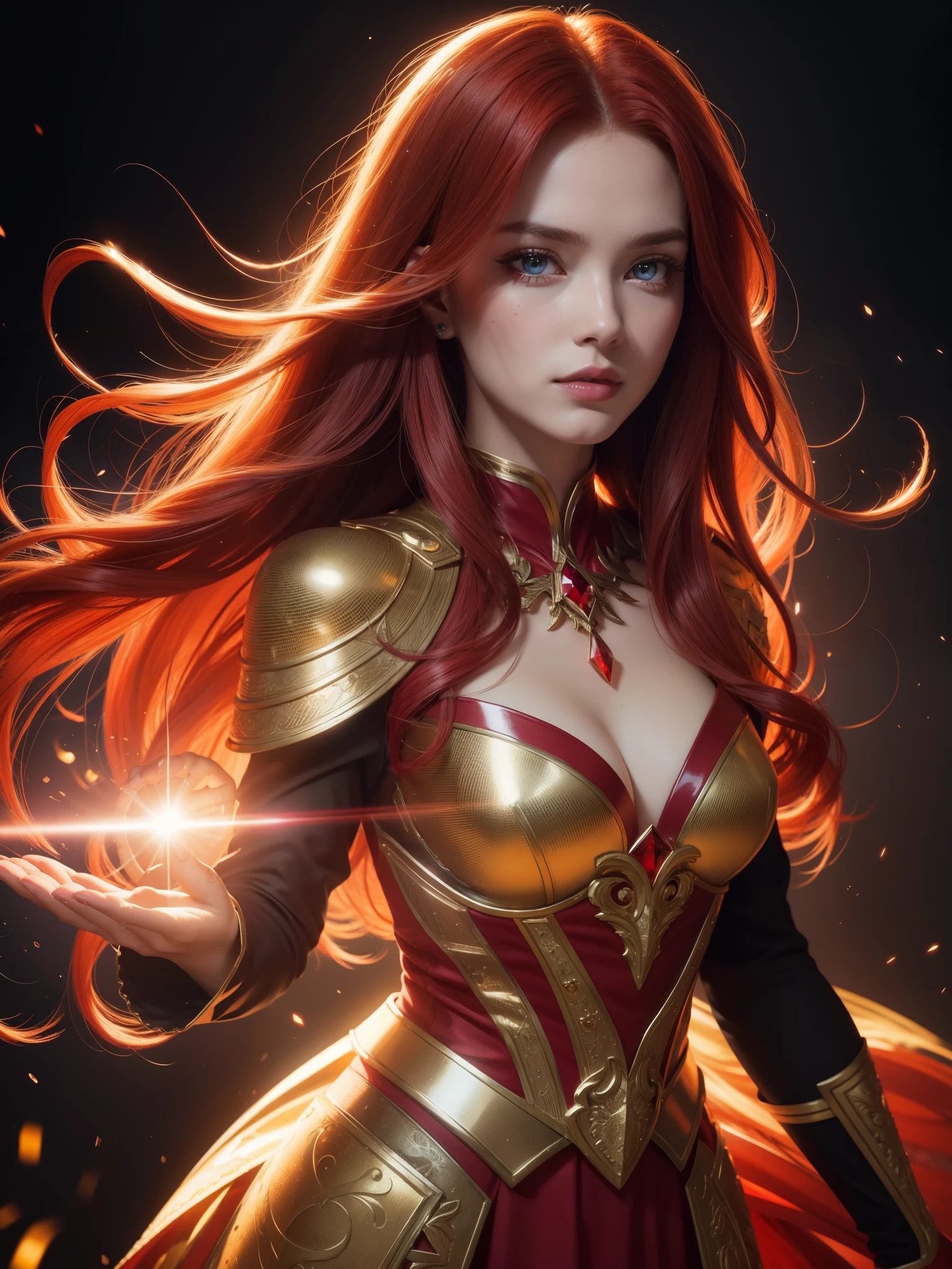 (masterpiece), high details, high quality, a beautiful woman, red hair, long hair, beautiful detail eyes, crimson red eyes, red lips, fire witch, blood, light particles, light rays, glowing red crystal, (Luminous crystals), wallpaper, high contrast, intricate details, volumetric lighting , (dynamic composition:1.2), highly detailed, colorful details,( iridescent colors:1.2), (glowing lighting, atmospheric lighting), dreamy, magical, (solo), lens flare, (colorful), Cinematic light, high-res, sharp focus, smooth, colorful light, particles, (red color scheme ),