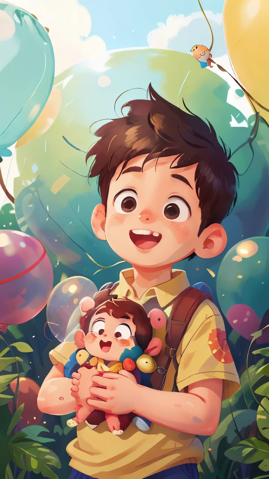 A boy, zoo, many balloons, happy, happy, perfect quality, clear focus (clutter - home: 0.8), (masterpiece: 1.2) (realistic: 1.2) (bokeh) (best quality) (detailed skin: 1.3) (intricate details) (8K) (detail eyes) (sharp focus), (happy)