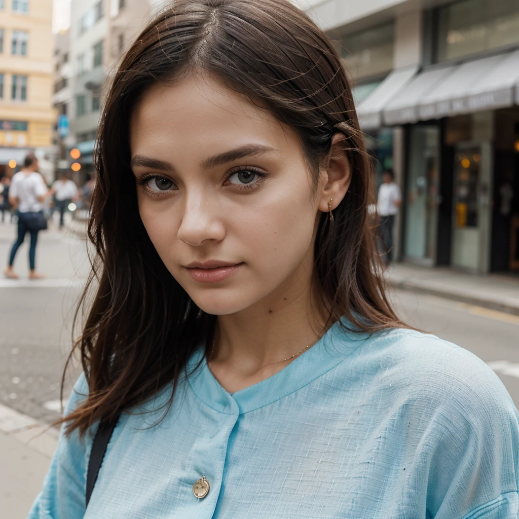 (Best quality, Ultra-detailed, Carbon-toned, Masterpiece: 1.1), Street fashion portrait of a woman, clad in trendy attire, exuding an air of confidence and charm. Dressed in hues of almost blue and chalk white, her outfit blends seamlessly with the urban backdrop. (Deep focus on her face: 1.2), Expressive eyes, full of character and life, contrasting against her pale complexion. Her fashionable accessories add a touch of sophistication to her look. (Photographed in natural lighting: 0.9), Soft, warm sunlight illuminating her features, creating an ethereal glow. (High