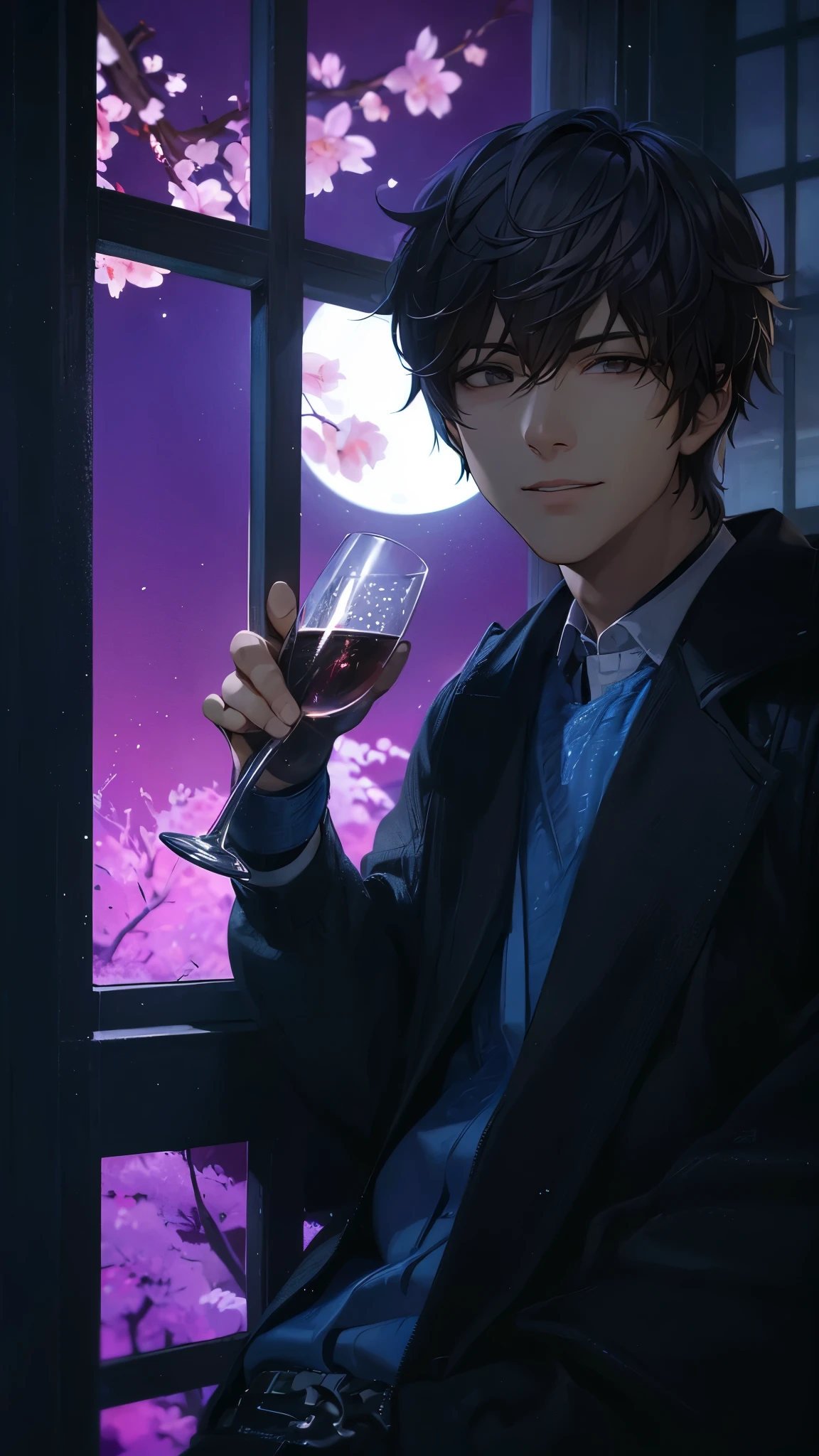 a handsome guy、serious expression、please close your mouth、Outside the window are cherry blossoms and the moon at night、have a wine glass、cool look、Highly Detailed CG Unity 8K Wallpaper, (super masterpiece, beautiful person, well detailed face polluted smile, It's photorealistic, hyper realistic)cool and cool face