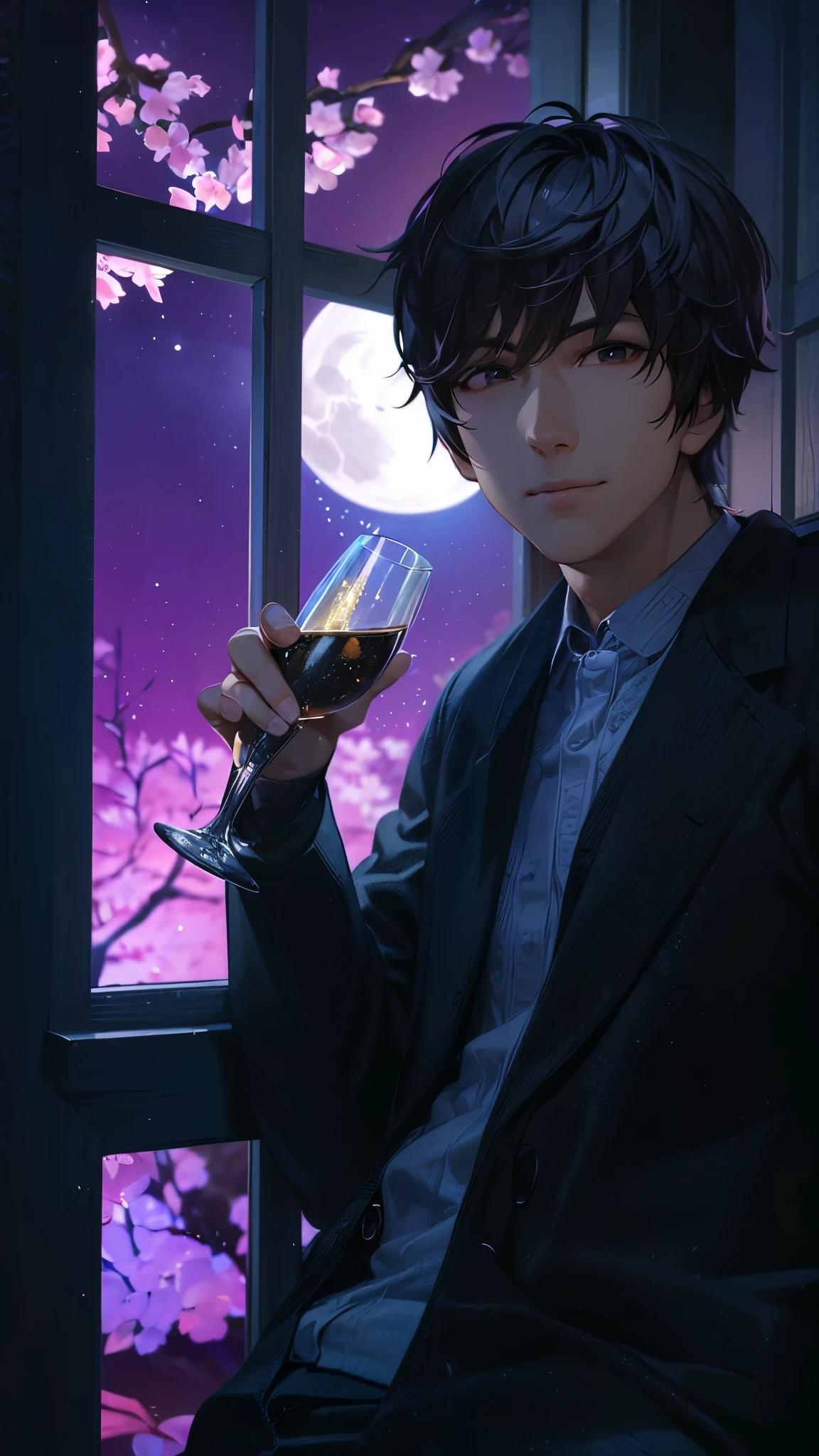 a handsome guy、serious expression、please close your mouth、Outside the window are cherry blossoms and the moon at night、have a wine glass、cool look、Highly Detailed CG Unity 8K Wallpaper, (super masterpiece, beautiful person, well detailed face polluted smile, It&#39;s photorealistic, hyper realistic)cool and cool face