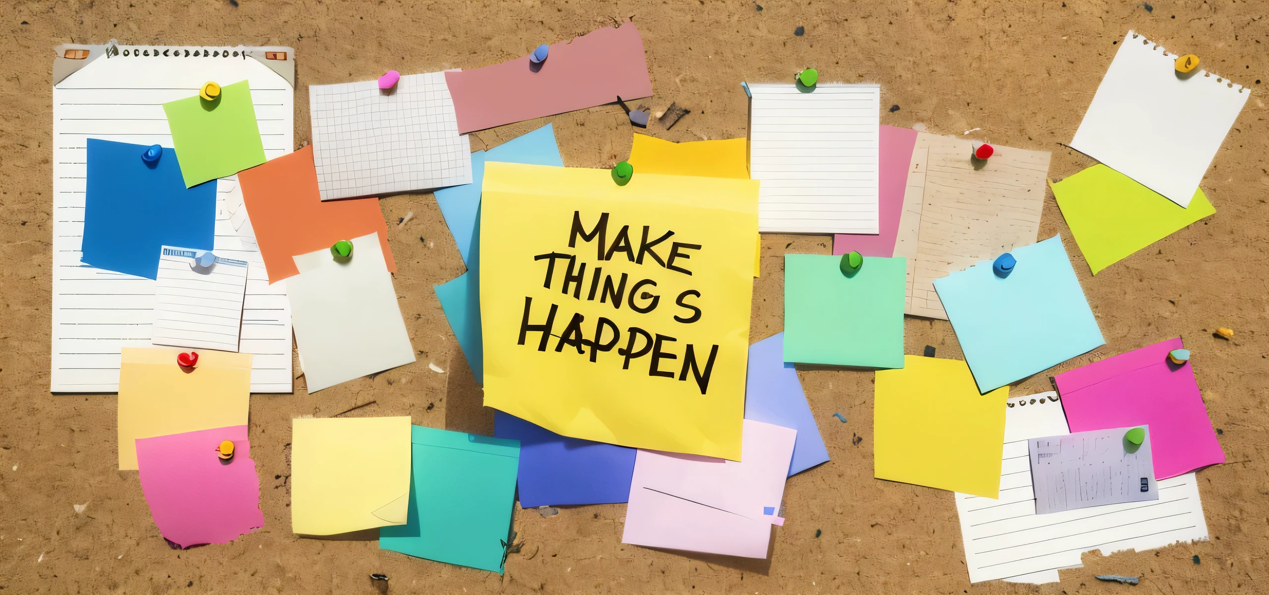 arafed image of a cork board with many notes pinned to it, inspired by John Maxwell, poster paper with notes, happening, photo shot, manifestation, make all elements sharp, full of things, blog-photo, by Brian Thomas, uploaded, by Joseph-Marie Vien, very coherent image, 3 4 5 3 1, random things, motivational, one thing