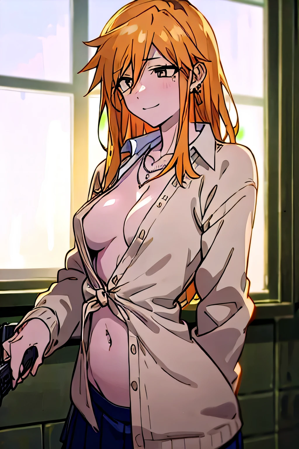 Seri Kikyou, 1girl, (shapely body), (solo), 19 years old, hdr,, (1 person), ((highly detailed skin, skin details)), masterpiece, best quality, ((unbuttoned , cleavage, necklace, earrings, sexy body,
breasts)) , micro skirt, smiling, navel , exposed belly, exposed navel,(nsfw) not safe for work,school,
classroom , holding a gun, hold a gun,navel piercing
