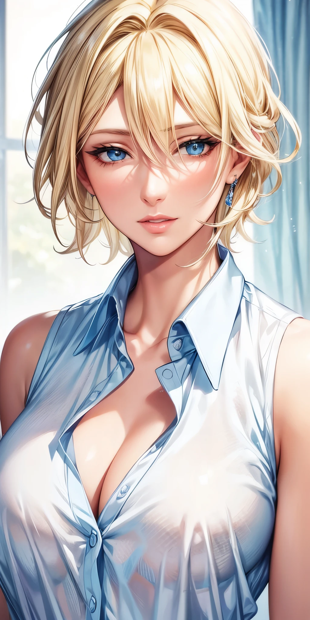 portrait, realistic, elegant woman, blue eyes, blonde hair, 4k resolution, ultra detailed cg, beautiful cg, soft light