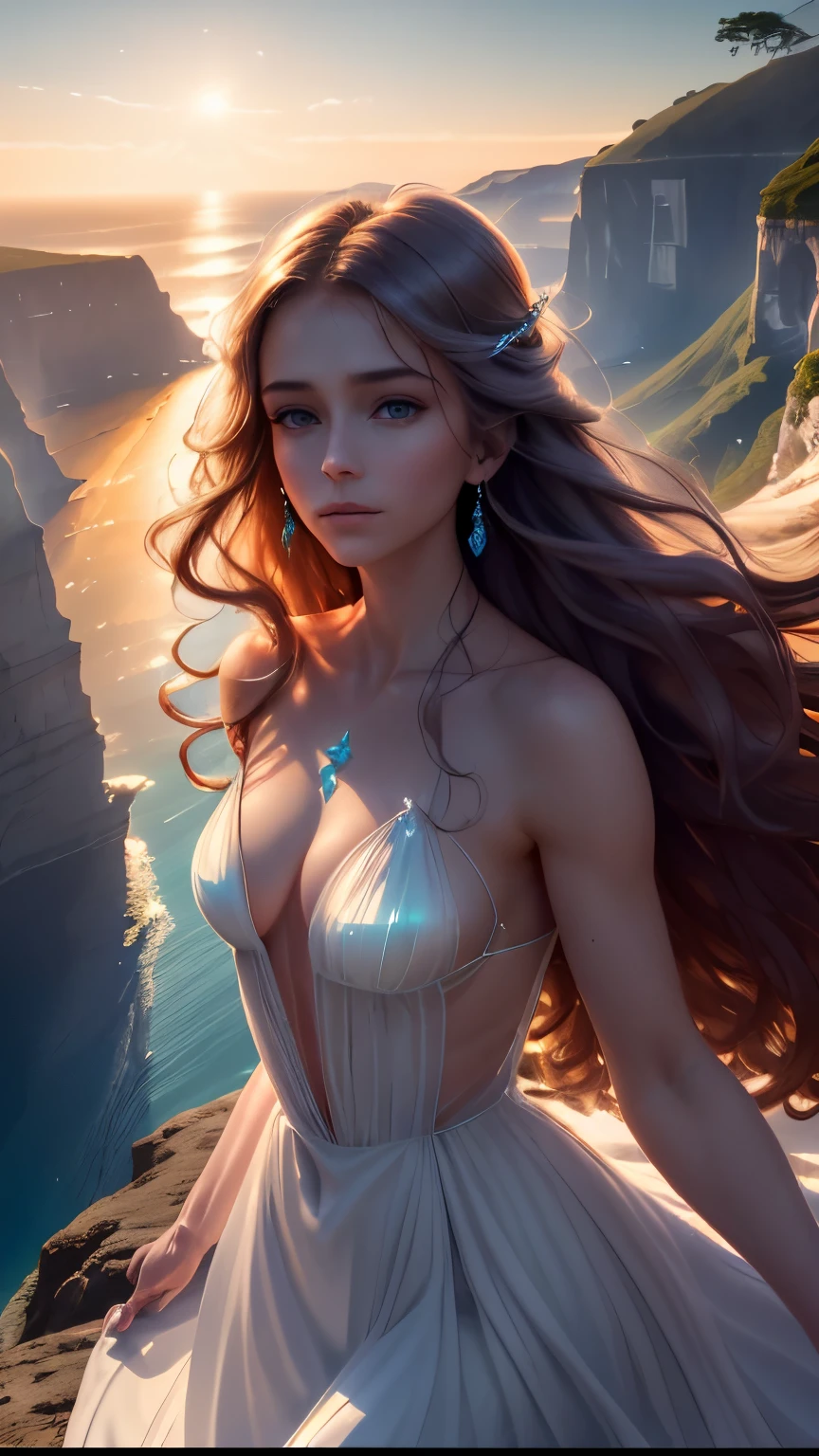 (best quality, highres), a young girl, with beautiful, detailed eyes, a slender figure, wearing a flowing white long dress, standing on the edge of a cliff by the seaside, gazing down into the abyss below. The scene is framed with a breathtaking view of the expansive ocean and clear blue sky. The girl's hair gently flows with the coastal breeze as waves crash against the rocks below. The sunlight illuminates her face, creating a soft, ethereal glow. The air is filled with a sense of tranquility and mystery, as if an adventure is about to unfold. The atmosphere is enhanced by the rich, vibrant colors of the surroundings, which blend harmoniously with the natural earth tones of the cliffs and the sea. The lighting casts dramatic shadows, adding depth and dimension to the scene. It is a captivating moment frozen in time, a fusion of serenity and anticipation, inviting viewers to immerse themselves in the beauty of the moment and explore the unknown.