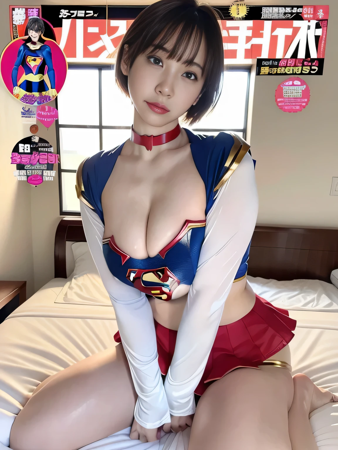 masterpiece、supergirl costume、short hair、barefoot、big and full breasts、hospital、after masturbation in bed、sexy pose、athlete、shiny、looking at camera、Seduce、choker、long sleeve、red mini skirt、Weekly magazine cover、Sculpture Magazines、sweaty、radical、