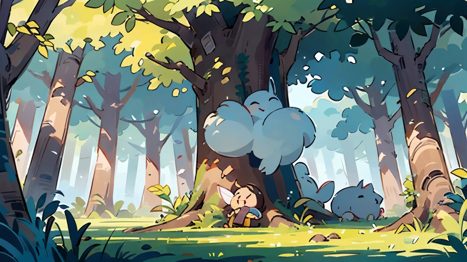 In this animation, the forest scene presents a stable diffusion. The trees stand tall and majestic, arranged in a scattered yet harmonious manner within the forest. Their trunks and branches seem to be the bearers of life, displaying the passage of time and the continuation of strength. The texture of the tree bark is clearly visible, showcasing natural patterns and delicate details. In this vintage American cartoon slow-motion style, the colors are vibrant and warm, as if emerging from nostalgic paintings. The leaves of the trees sway gently in the breeze, casting dappled sunlight and creating a serene and peaceful atmosphere. The entire scene is brimming with vitality and liveliness, immersing viewers in a fairy tale-like world.