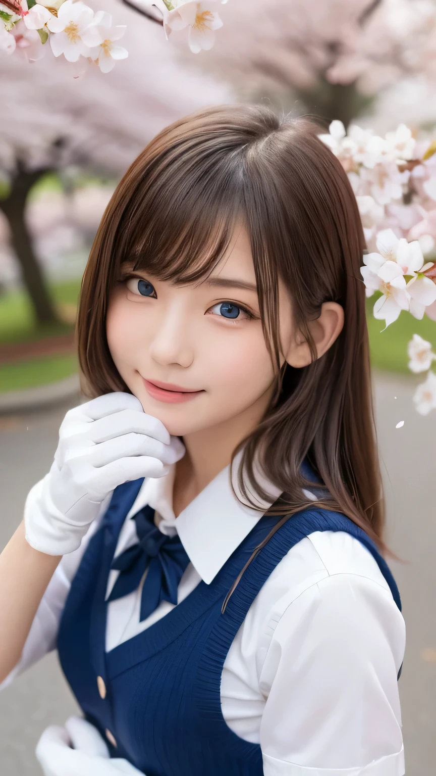 one girl, (a beauty girl, delicate girl:1.3), (14 years old:1.3),
break, (spring, cute uniform:1.3),
break, (Street view:1.3), (cherry blossoms fall:1.3), (wool gloves), perfectly trimmed fingers,
break, very fine resolution, (symmetrical eyes:1.3),
break, small breasts, brown eyes, parted bangs, brown hair, girl,
break, (Eye and face details:1.0), (get closer to the face, enlarge the face, face focus:1.0),close up of face,
break, (masterpiece, highest quality, Super detailed, detailed face, 8K),SakuraFubuki,cherry blossom petals,smile,random pose、blue eyes、white gloves,ponytail