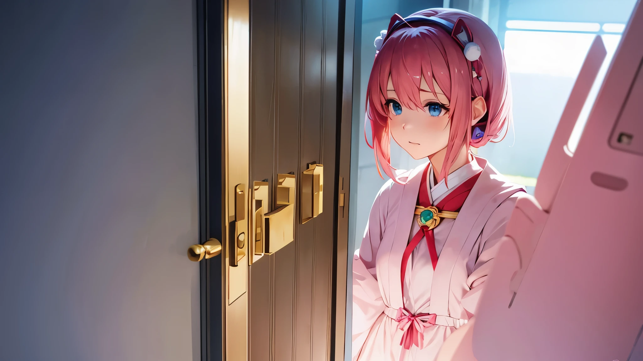 anime characters、Sakura Miku、have the key to the door、the key is big、the key is golden