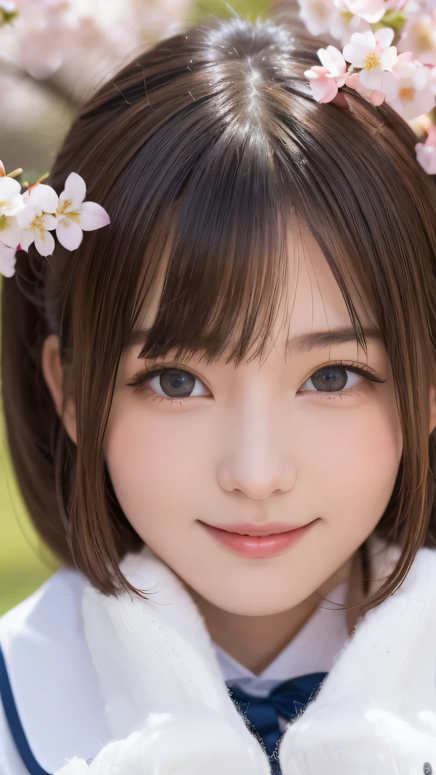 one girl, (a beauty girl, delicate girl:1.3), (14 years old:1.3),
break, (spring, cute uniform:1.3),
break, (Street view:1.3), (cherry blossoms fall:1.3), (wool gloves), perfectly trimmed fingers,
break, very fine resolution, (symmetrical eyes:1.3),
break, small breasts, brown eyes, parted bangs, brown hair, girl,
break, (Eye and face details:1.0), (get closer to the face, enlarge the face, face focus:1.0),close up of face,
break, (masterpiece, highest quality, Super detailed, detailed face, 8K),SakuraFubuki,cherry blossom petals,smile,random pose、blue eyes、white gloves,ponytail