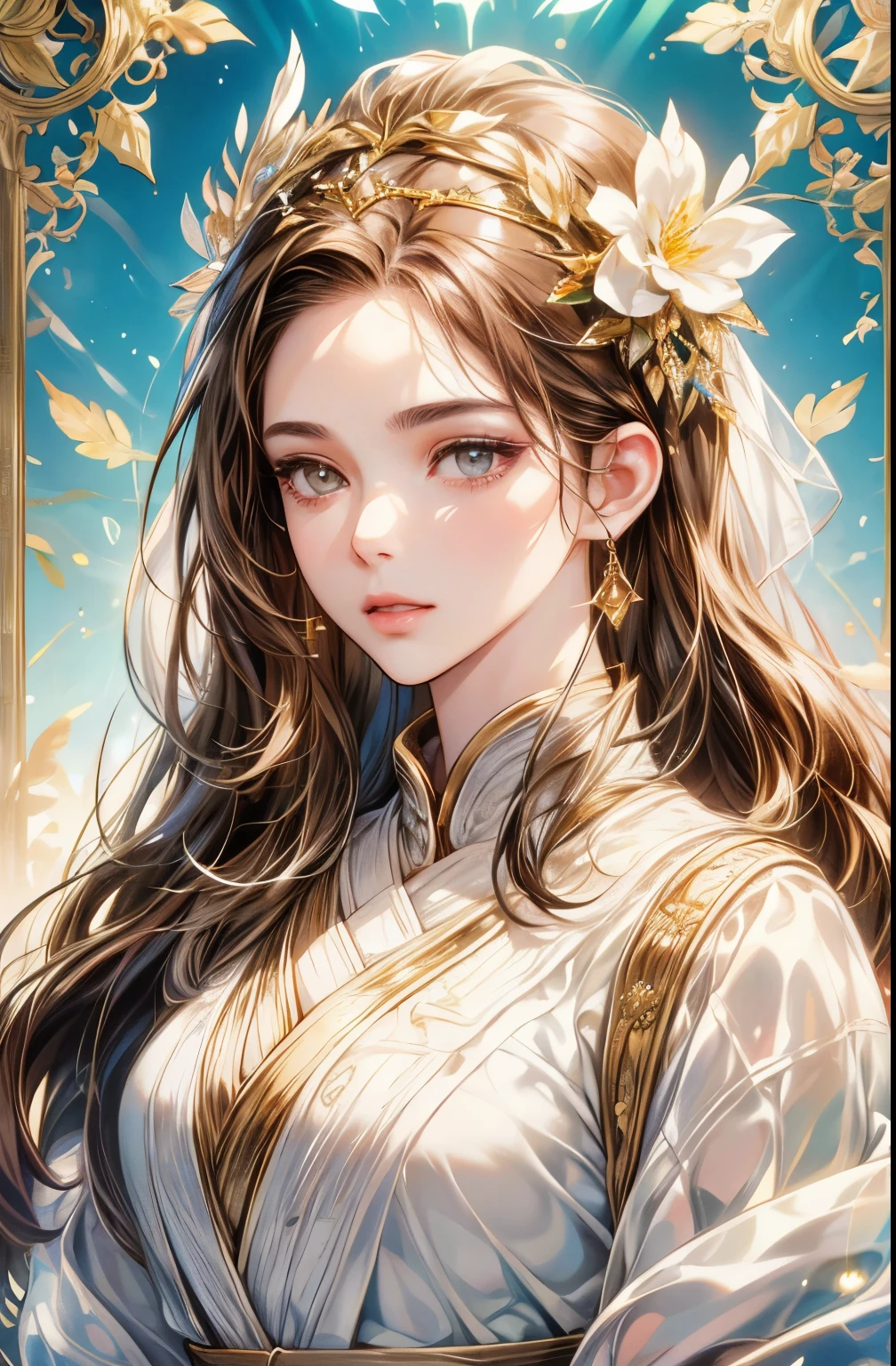 brunette、bust、white skinned、Symmetry between left and right eyes、delicate eyes、Shiny brown eyes、golden hair accessories、Mosaic pattern background、spotlight、high contrast、Striking shadows、Detailed shadows、Perfect workmanship、Masterpiece、top quality、Top image quality