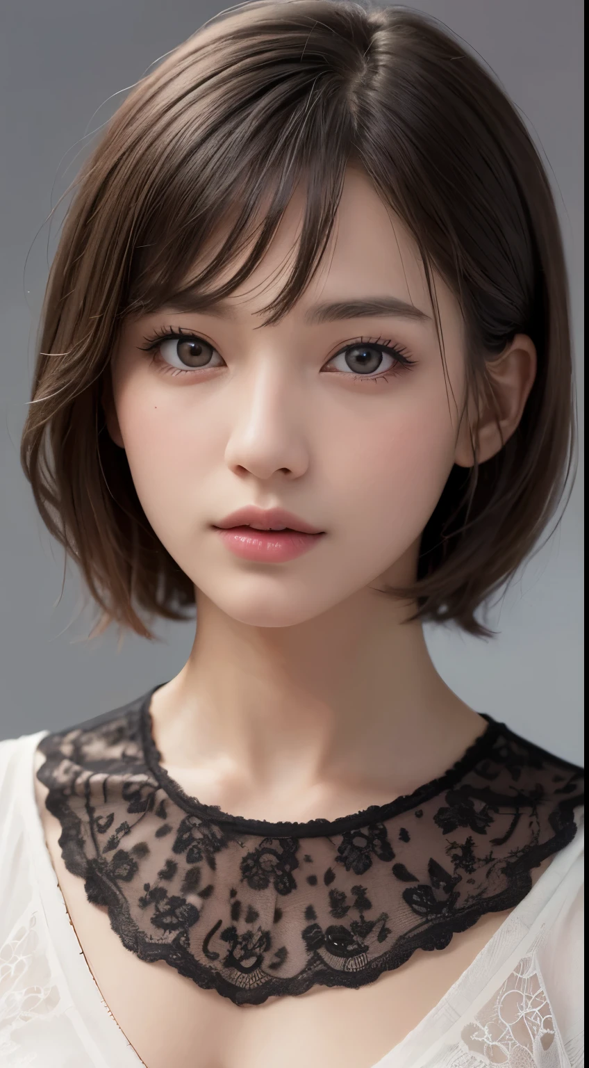 (photograph:1.2)、(realistic:1.3)、(masterpiece:1.3)、(best image quality:1.4)、超High resolution、(fine eyes)、(detailed facial features)、(Detailed garment features)、8K resolution、focus only、30 year old mature woman、small face、no makeup、detailed beautiful eyes、bangs、dark brown hair、short cut hair、(realistic skin)、beautiful skin、attractive、超High resolution、Super realistic、High resolution、open white shirt,middle shake、small breasts、bust B cup、small breasts、cool beauty、gray background、