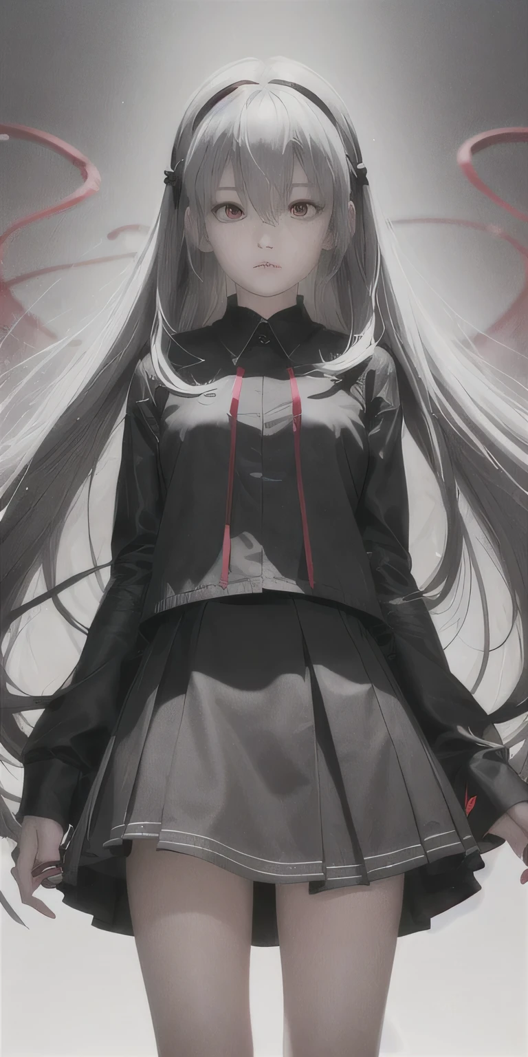 highest quality, masterpiece,gray hair, red eyes, look up, whole body,black clothes,skirt,long hair,troubled face,rei ayanami,angel wings