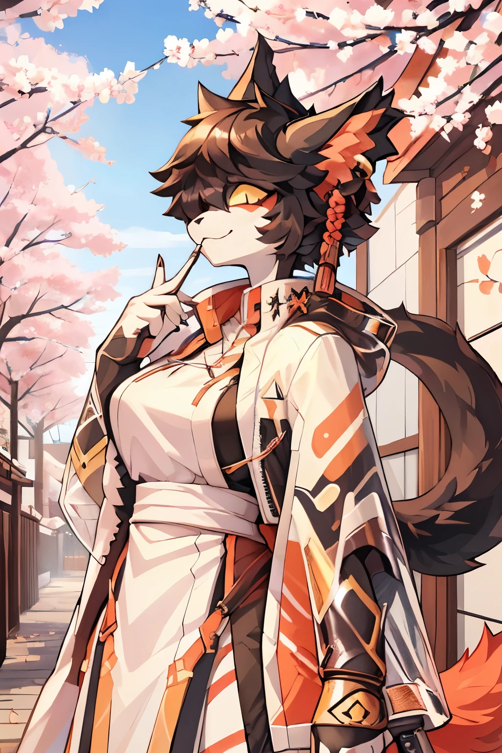 ((best quality, masterpiece, perfect anatomy, detailed picture)), furry, 1female, Aak, (Arknights), sexy body, breasts, black sclera, cat tail, wallpaper, portrait, illustration, retro, in the cherry blossom alley