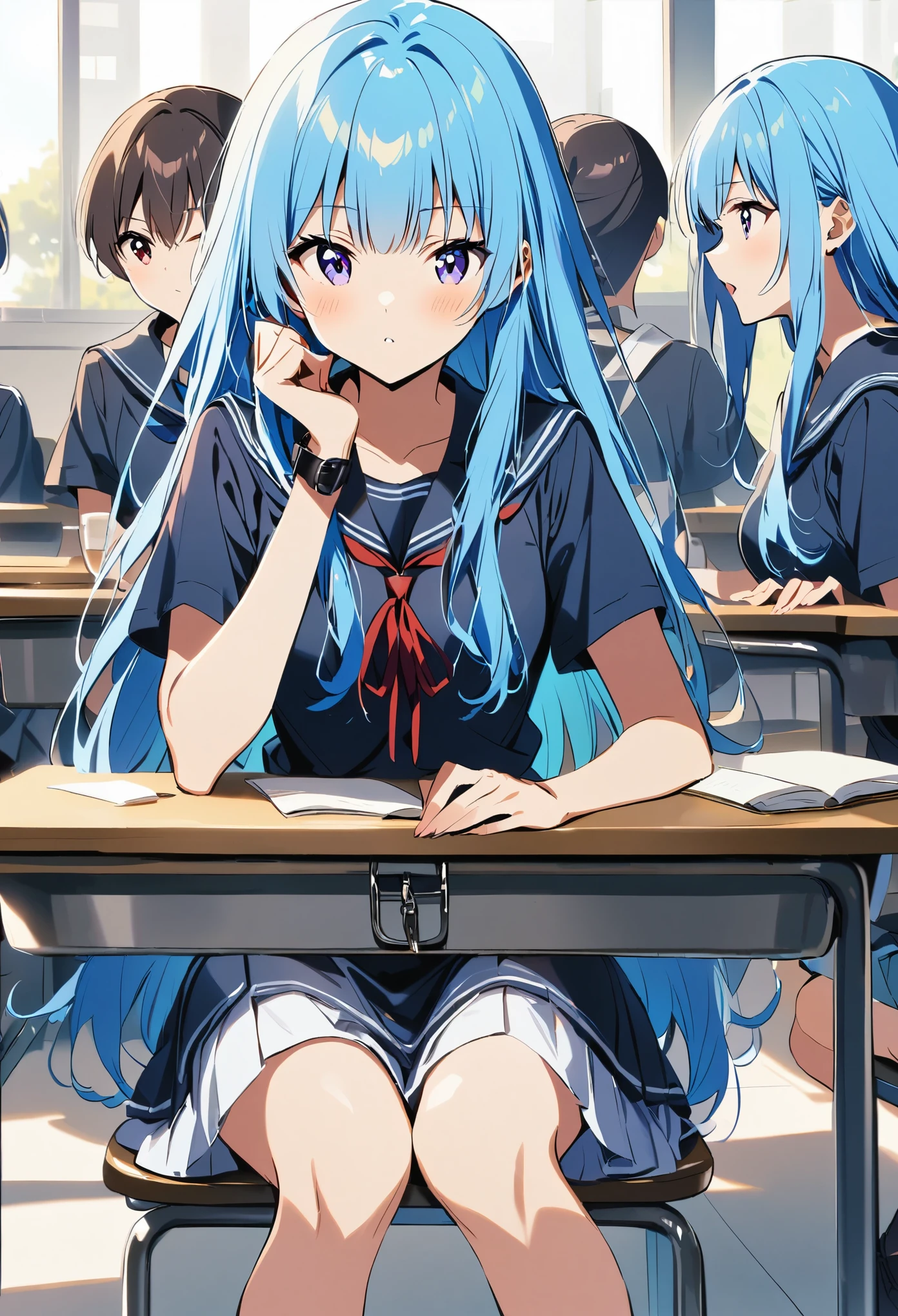 1 girl, light blue long hair, dark blue, sitting in class, black school modern, cartoon