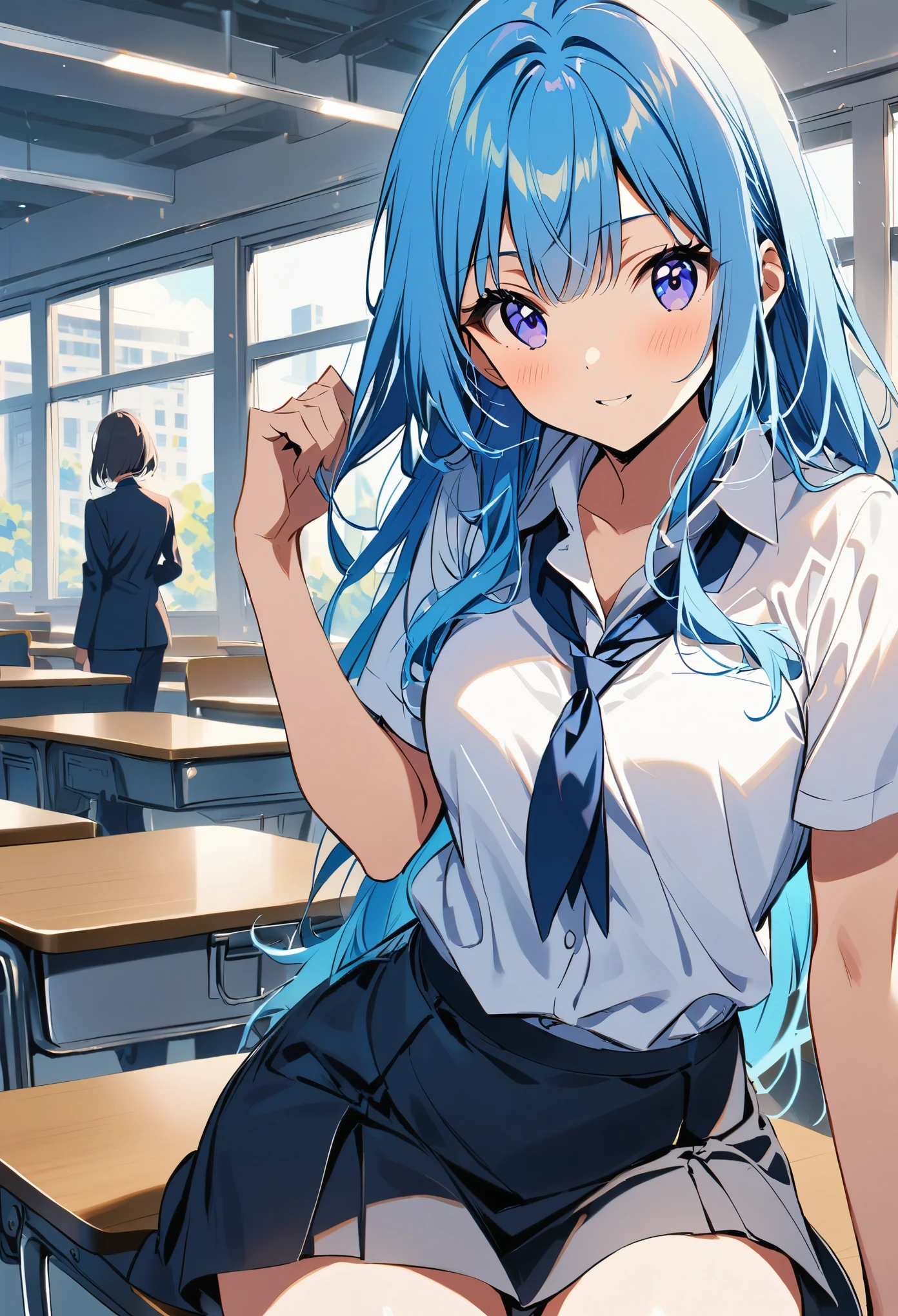 1 girl, light blue long hair, dark blue, sitting in class, black school modern, cartoon