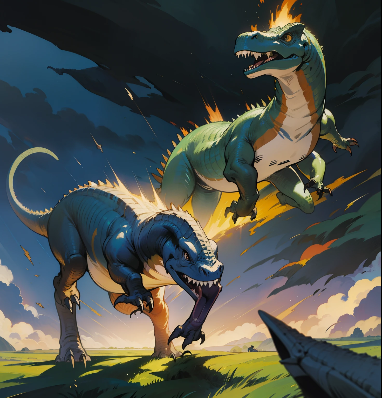 Two dinosaurs running，Fields in the background, illustration art, fantasy art behavior,Athlon，Prehistoric dinosaurs，Jurassic dinosaurs，tyrannosaurus，Running dinosaurs