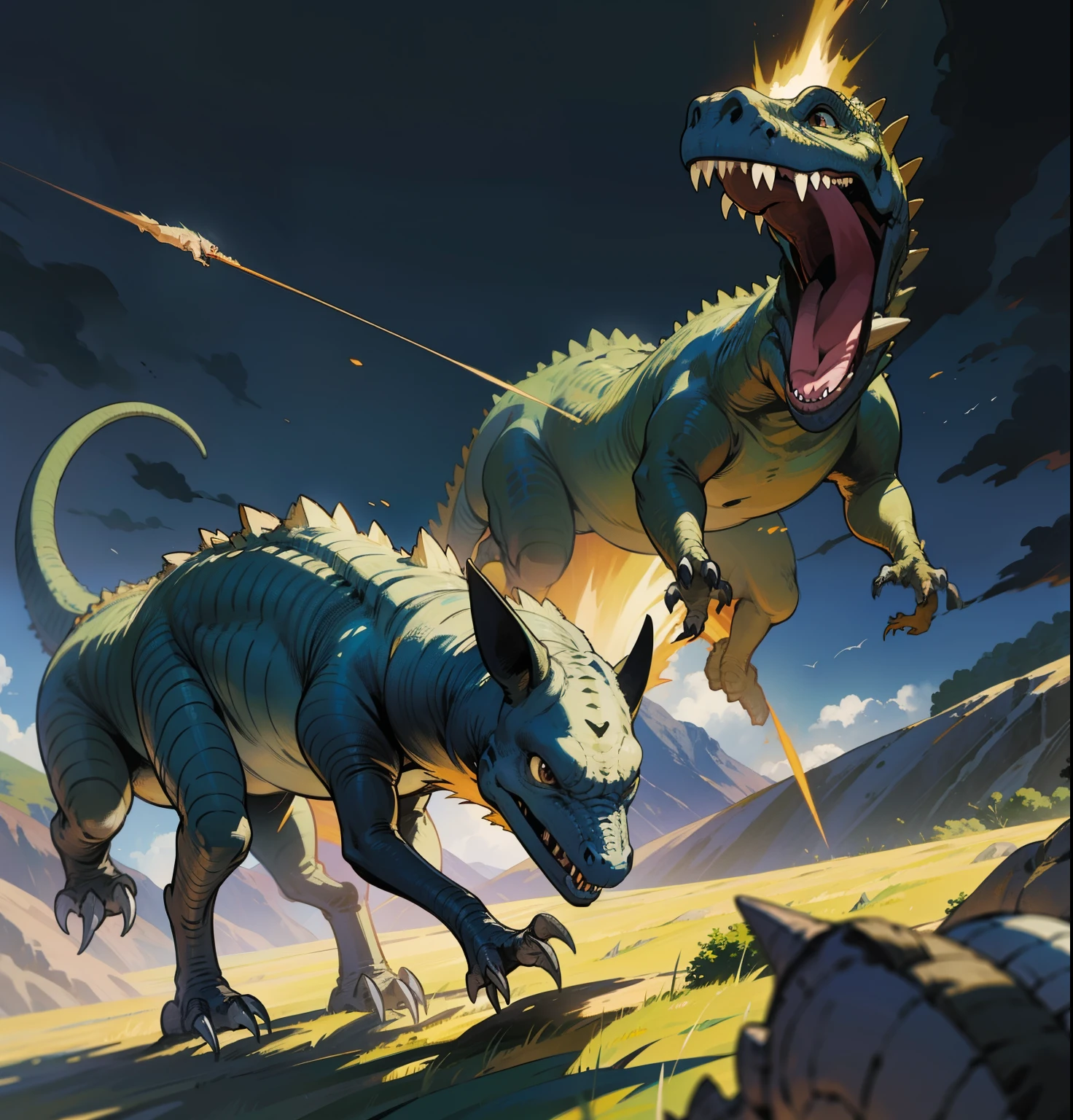 Two dinosaurs running,Fields in the background, illustration art, fantasy art behavior,Athlon,Prehistoric dinosaurs,Jurassic dinosaurs,tyrannosaurus,Running dinosaurs