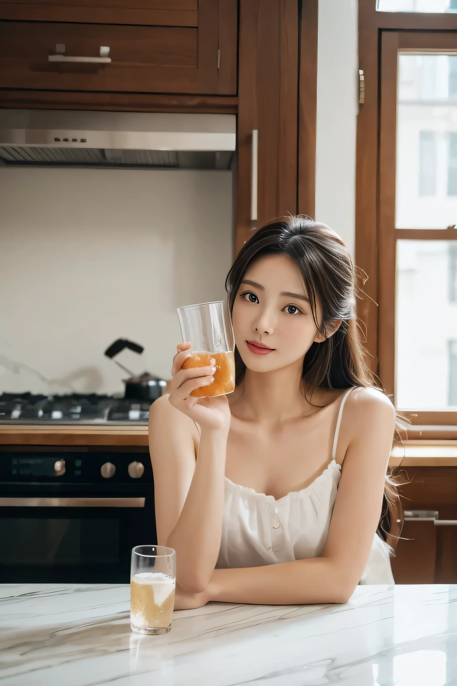 Highly detailed CG Unity 8K wallpaper, With the highest quality, super detailed, Master Pieces, Realistic, photograph realistic, extremely detailed cute girl, 25 years old, blush,, Round eyes, medium breasts, looking viewer, Half body shot , kitchen , bathrobe , drink