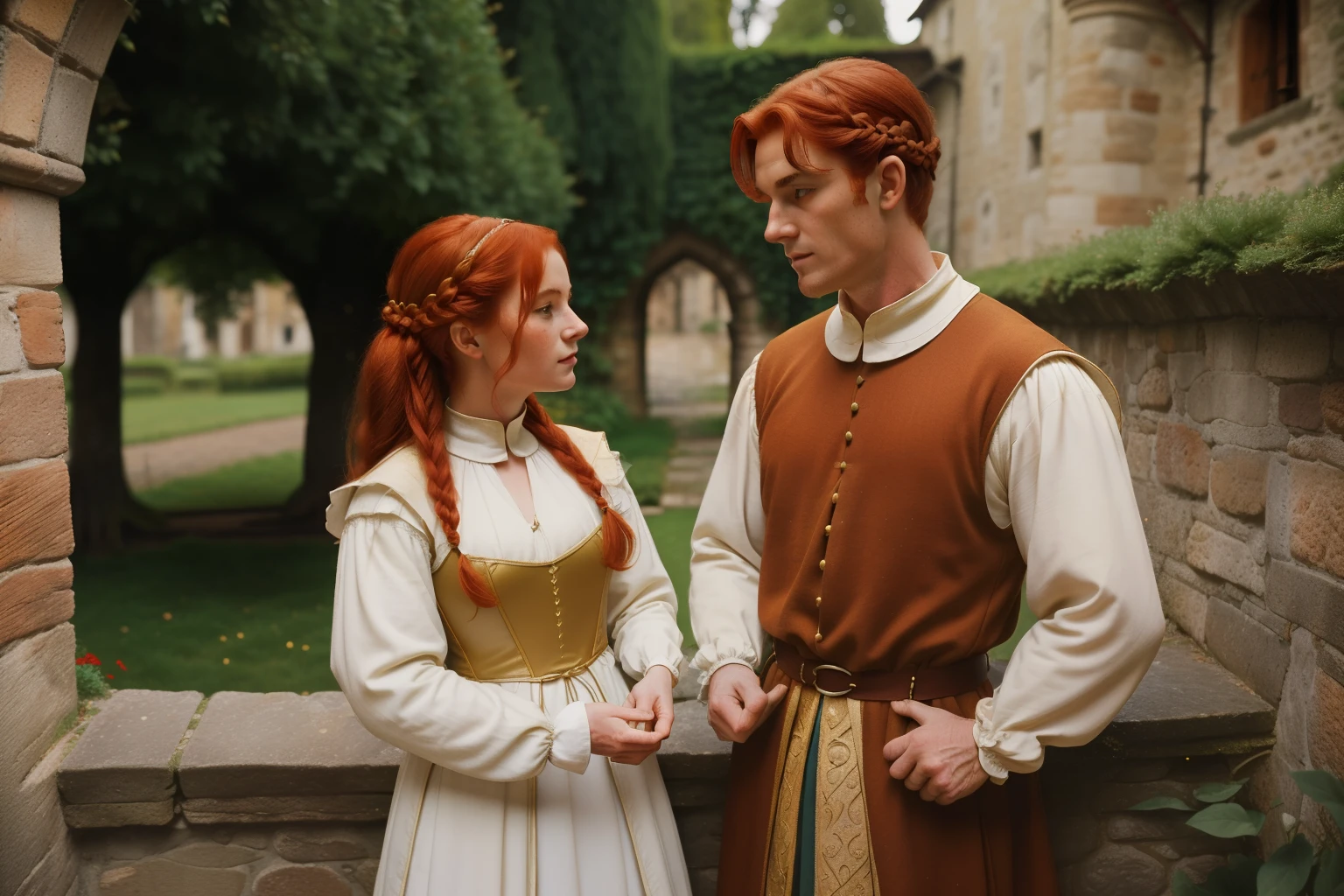 Italy, 1348. ((((32-year-old)) Merthin Fitzgerald)), handsome, athletic, in the convent gardens, with ((Caris Wooler)). ((((clothings from the 1340s)))), ((redhead hairstyle of the 1340s))
