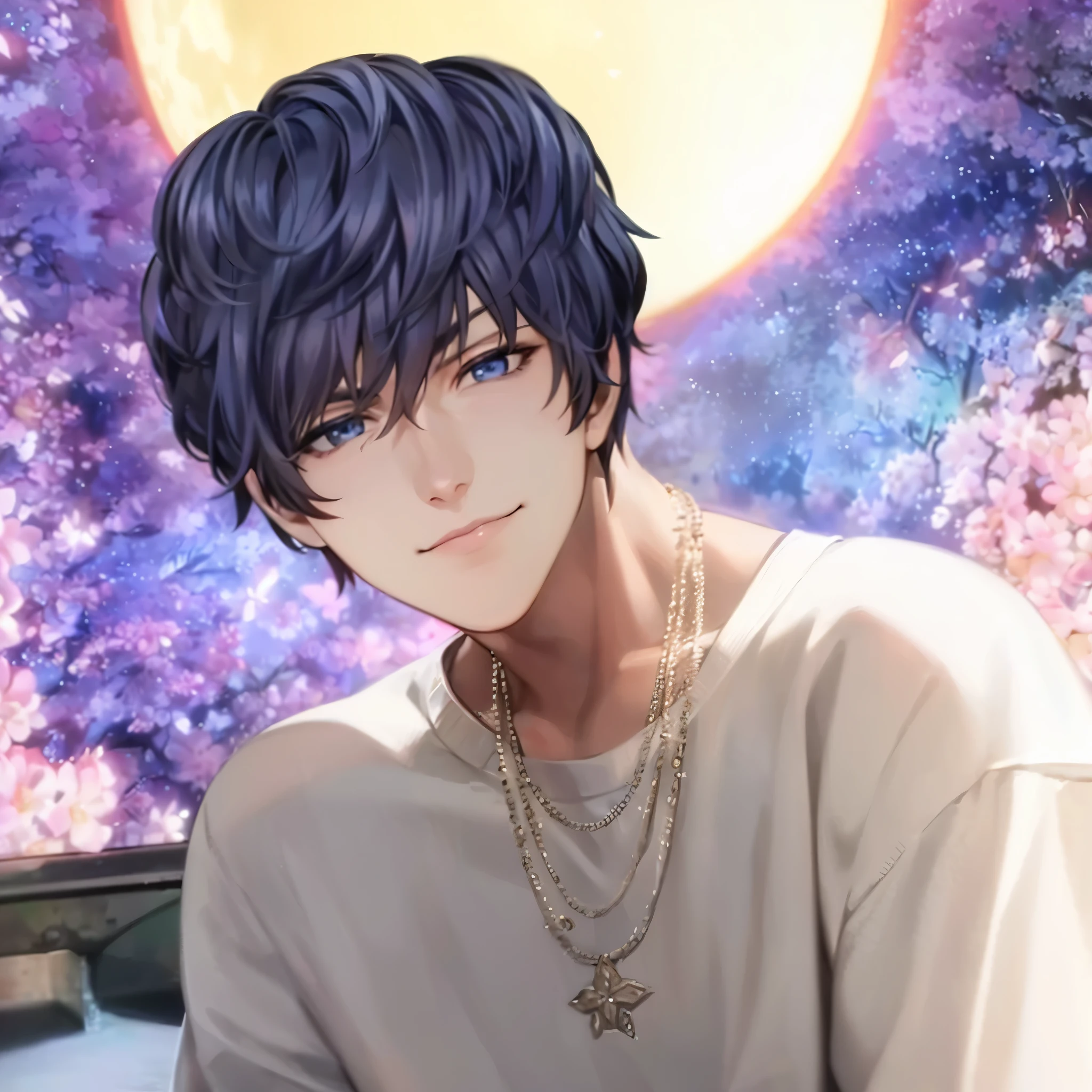 a handsome guy、serious expression、please close your mouth、Cherry blossoms at night、moon、cool look、Highly Detailed CG Unity 8K Wallpaper, (super masterpiece, beautiful person, well detailed face polluted smile, It&#39;s photorealistic, hyper realistic)cool and cool face