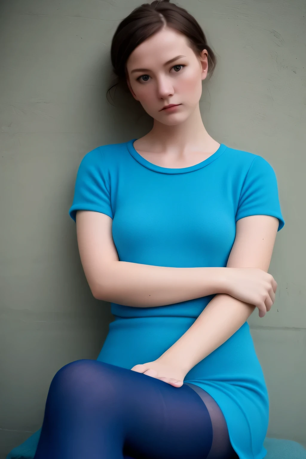 a woman wearing a Blue Top and tights sitting alone at hill side, in the style of Oleg Oprisco, video, Jocelyn Hobbie, soft, muted tones, close up, wavy, Nick Knight
