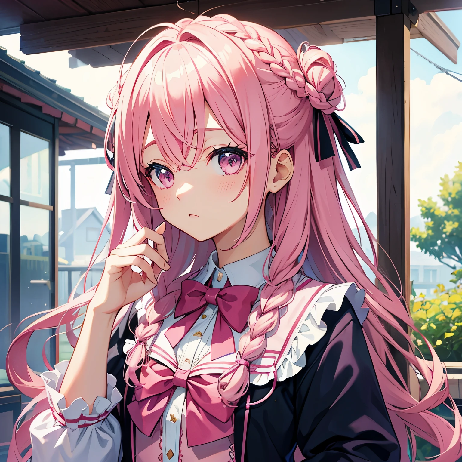 Hair style is braided、Pink ta Clothes、uniform style jacket、magic school