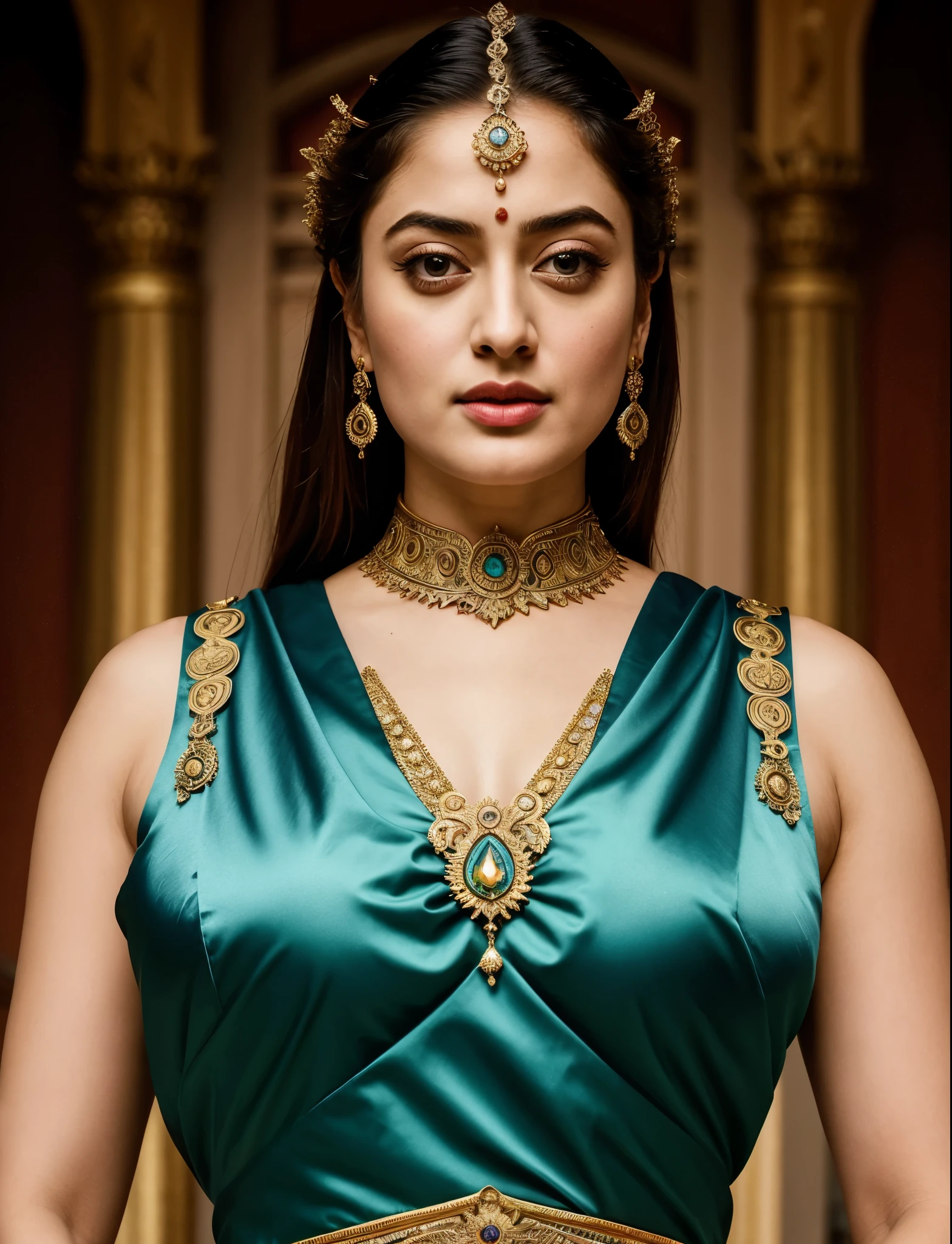 Looks like Sandeepa Dhar, "Design an illustration of a stunning and powerful warrior queen with a regal presence. She should possess a combination of strength and grace. Imagine her in ornate, yet practical armor that complements her figure. The armor should be adorned with intricate details and symbols representing her royal lineage and warrior prowess. Her weapon of choice could be a unique and elegant sword or a mythical weapon that reflects her status as a formidable leader.

Her facial features should exude confidence and determination, with piercing eyes that convey both fierceness and wisdom. The queen's hair, whether long or short, should flow dynamically, hinting at her movement in battle. Consider incorporating elements that emphasize her connection to nature or a mythical realm, such as ethereal backgrounds, symbolic animals, or mystical symbols.

Pay attention to the color palette; use rich, bold colors that enhance her royal aura. Experiment with lighting to highlight specific details and create a sense of drama. Ensure that her posture and expression capture the essence of a queen who commands respect and admiration. Feel free to draw inspiration from historical warrior queens or fictional characters, blending elements to create a unique and captivating image."