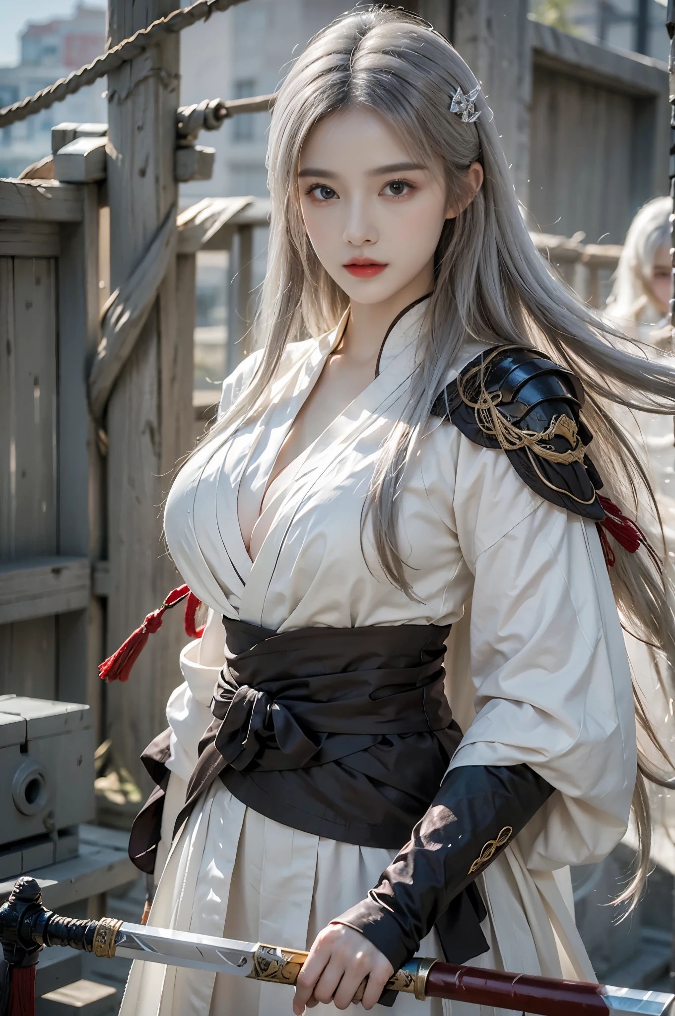 lifelike, High resolution, 1 female, Hips raised, long white hair, beautiful eyes, normal breast, hanfu,Chinese style,Ancient costume,white robe,There is no armor,The sword is by your side