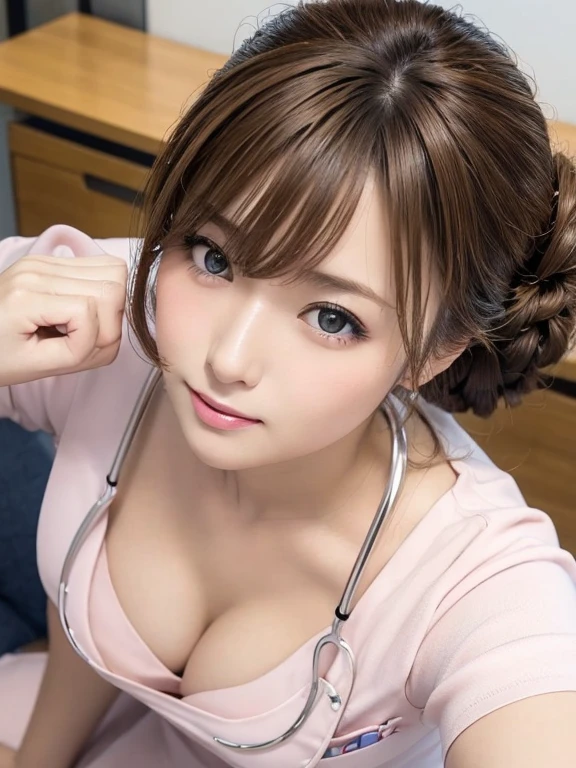 (table top:1.4, Photoreal:1.4, 8K), highest quality, masterpiece, ultra high resolution, perfect dynamic composition, big face、round face、((light brown hair:1.4、half updo:1.4))、Highly detailed skin and facial textures:1.3, Detail of limbs, Cute sexy 30 year old Japanese nurse, (tanned skin:1.2), ((completely enchants you:0.9)), hospital examination room, Stethoscope, ((light pink nurse costume:1.4,)),(cleavage, Medium chest), (look away、beautiful eyes, black eye, Eyes that feel beautiful eros:0.85), sexy face:0.4, (closed mouth、small mouth、thick lips、A taste of beautiful eroticism:0.85), ((Too cute beauty:0.9))、natural makeup, taken from above,  look above