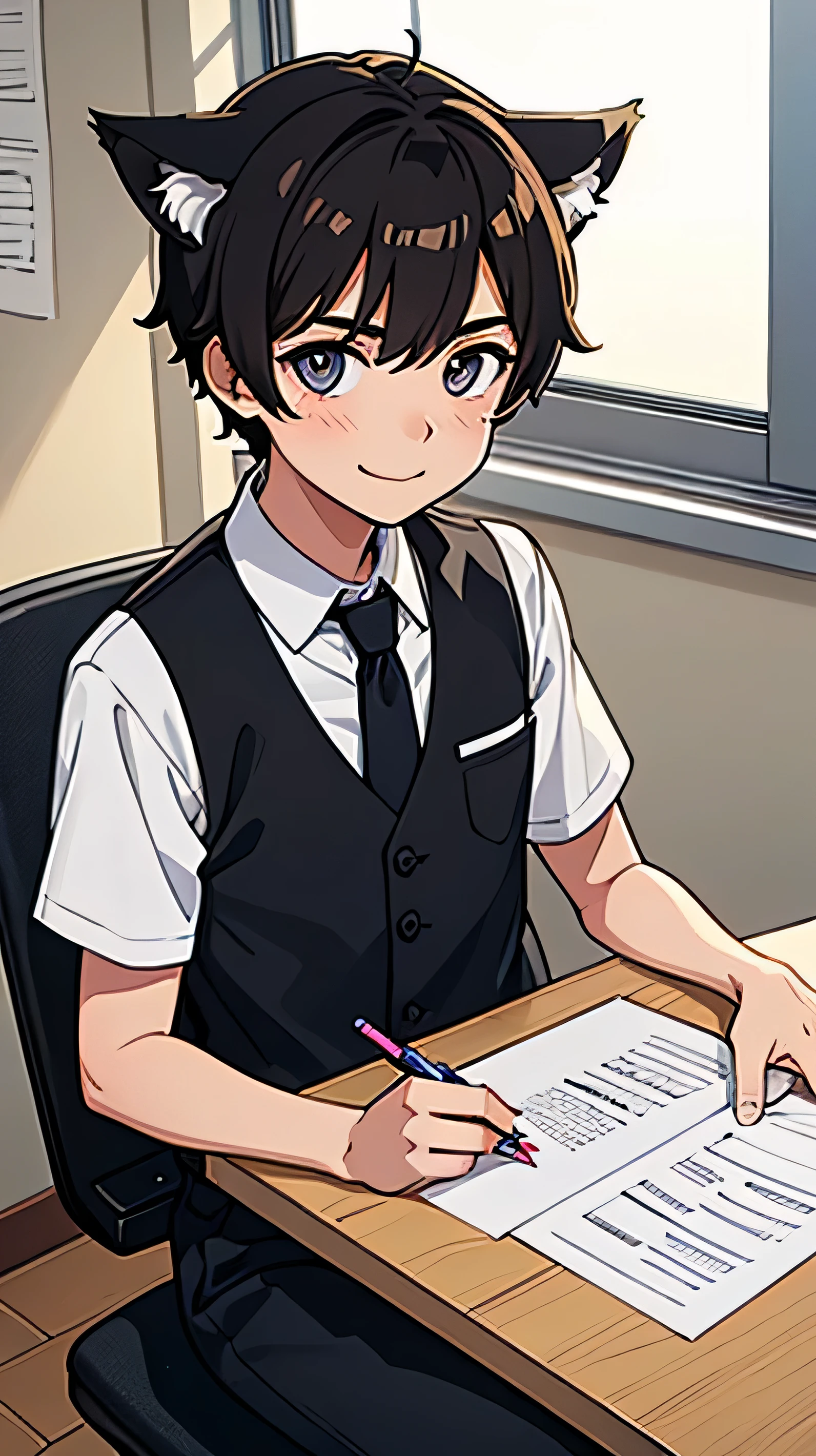 Eyes detailed, a young boy, sitting at a desk in a classroom, a white t-shirt, black paint, brownie hair, a tie, holding a pencil and a sheet of paper, a determined expression on his face as he writes, little bit smile, cat ears, best quality