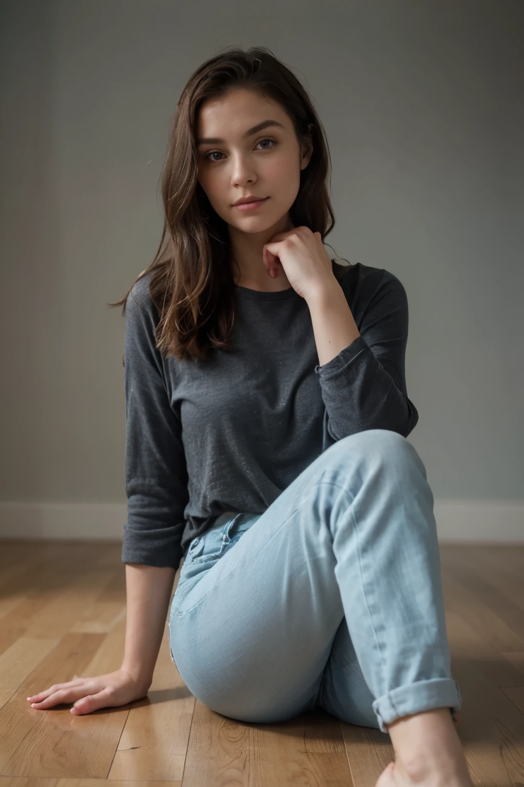 An image of a woman seated on a polished floor with a comfortable and stylish posture. She leans back on her right arm, which is extended behind her, and her left hand lightly touches her hair. Her legs are bent with the left ankle crossed in front of the right, giving a relaxed appearance. She is dressed in a light blue shirt with sleeves rolled up, showing a casual approach to her elegant style, complemented by dark form-fitting jeans. Her expression is inviting, with a soft smile and eyes that meet the camera's gaze. The indoor background is bright and tastefully blurred, suggesting a modern and open space.