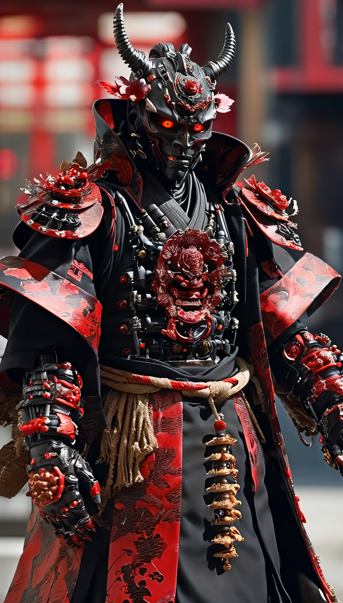 １３century、A black cyborg samurai-like creature wearing a Hannya mask.、eyes are shining、long coat、(black and red)、FW Murano style, vibrant color blast, whole body、incredibly detailed, dark, Key Visual, in the atmosphere, very realistic, high detail texture, ray tracing