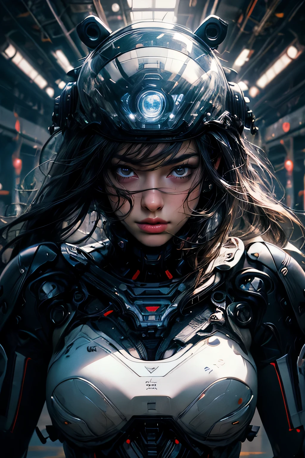 cgmech, beautiful eyes, Upper body, underboob, portrait, robot,white yellow armor, shining black hair, neon light, 8K, to be born, highest quality, masterpiece, ultra high resolution, colorful, (medium wide shot), (dynamic perspective), sharp focus , (written boundary depth, Bokeh:1.3), highly detailed eyes and face, 緻密でbeautiful eyes, big breasts,(iron, trim gear:1.2),(In the weapons factory of the future:1.2), ((masterpiece, highest quality)), detailed background, inside of spaceship