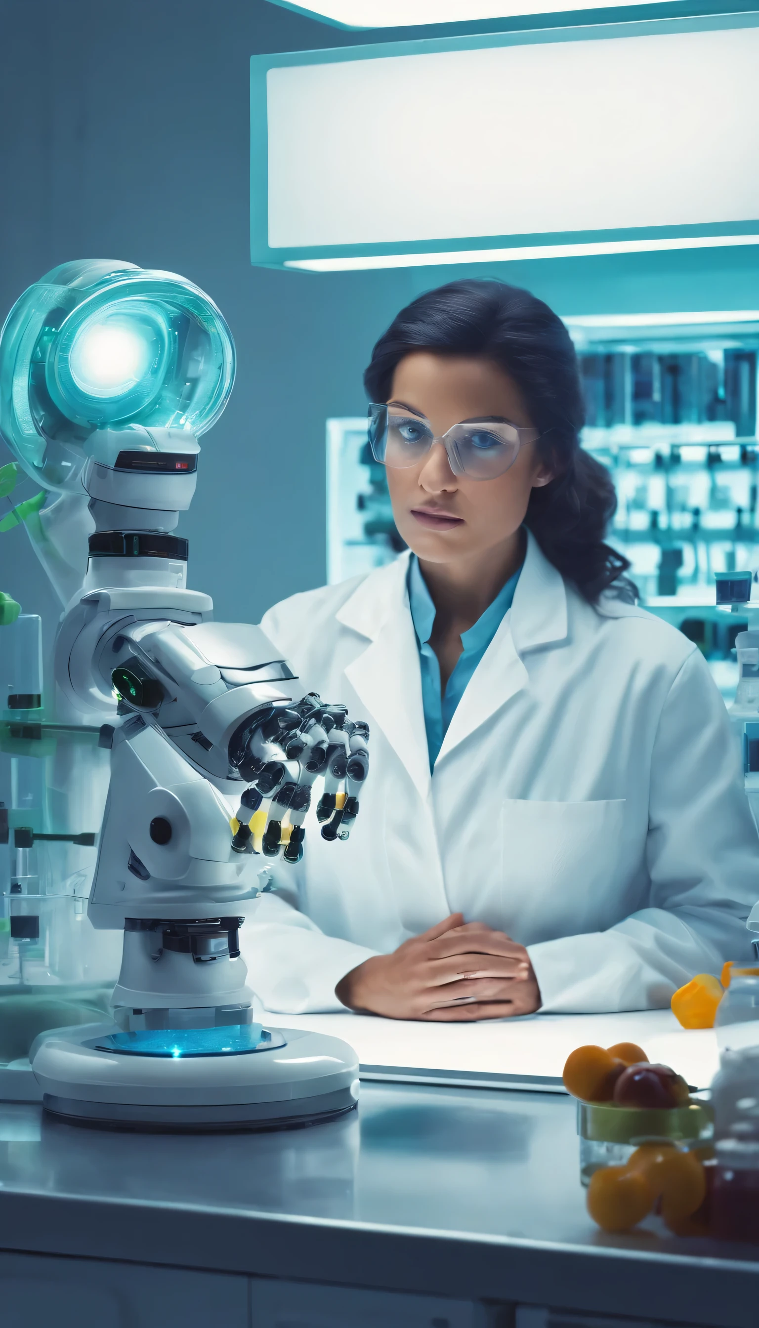 Scientists research germs *Lab *white background, electricity, *robot wearing gloves