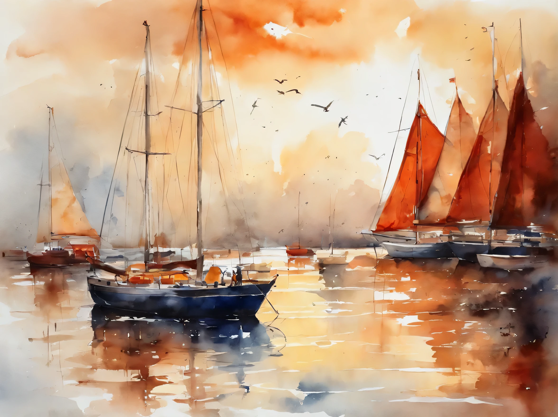 International marina at sunset，Various yachts arranged in order，There are motor boats swimming on the sea in the distance，Seabirds flying in the sky，The sun shines through the clouds，dye the sea red，yellow，Orange-red，watercolor art(chris palins style),Resolution is 8K，Provide detailed visuals。The artistic style is a depiction of nature，Emphasis on the exquisite details of a modern yacht，Full of energy，Orange-red，Red and dark blue shades。medium long shot，soft warm light，Tyndall light，It creates a peaceful and welcoming atmosphere。