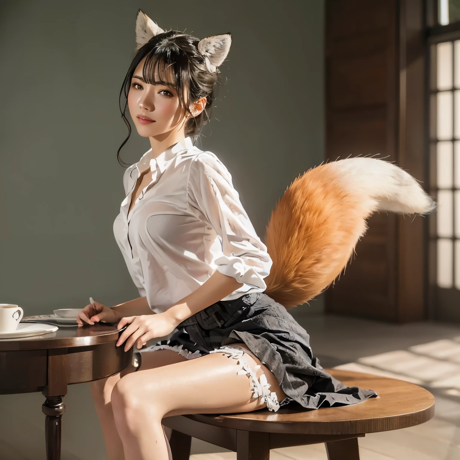 Girl with a furry tail , Fox tail, tail, collared shirt,table top, 最high quality, shape, Ultra-detailed, finedetail, High resolution, 8k wallpaper, 完璧なダイナミックな構shape, Beautiful detailed eyes,full body shot，Please show me your whole body、thin and transparent、long gray hair, ,smile,Harajuku、20 year old girl、eyeliner、beautiful bangs、hair between eyes、最high quality、ultra-detailliert、film light、intricate-detail、High resolution、ighly detailed))、detailed background、8KUHD、Digital single-lens reflex camera、soft light、high quality、film grain、Fujifilm XT3 、shallow depth of field、natural soft light、Kamimei、I looked at my knees.., sexy shot looking at camera、to the feet、full body shot facing the camera、look back、(Fox&#39;s tail is pushing up the skirt:1.9)、small breasts